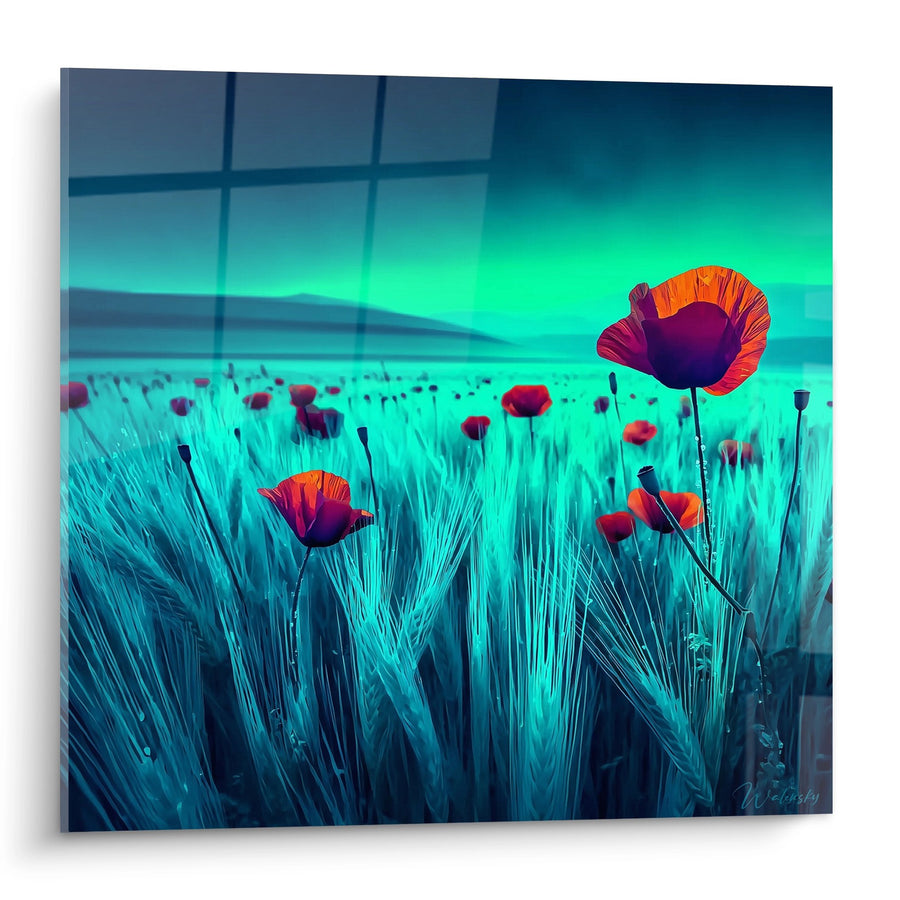 Tableau Champ de Coquelicots Rouge-Orange sur Prairie Turquoise - Prairie Onirique - Edition Coquelicot