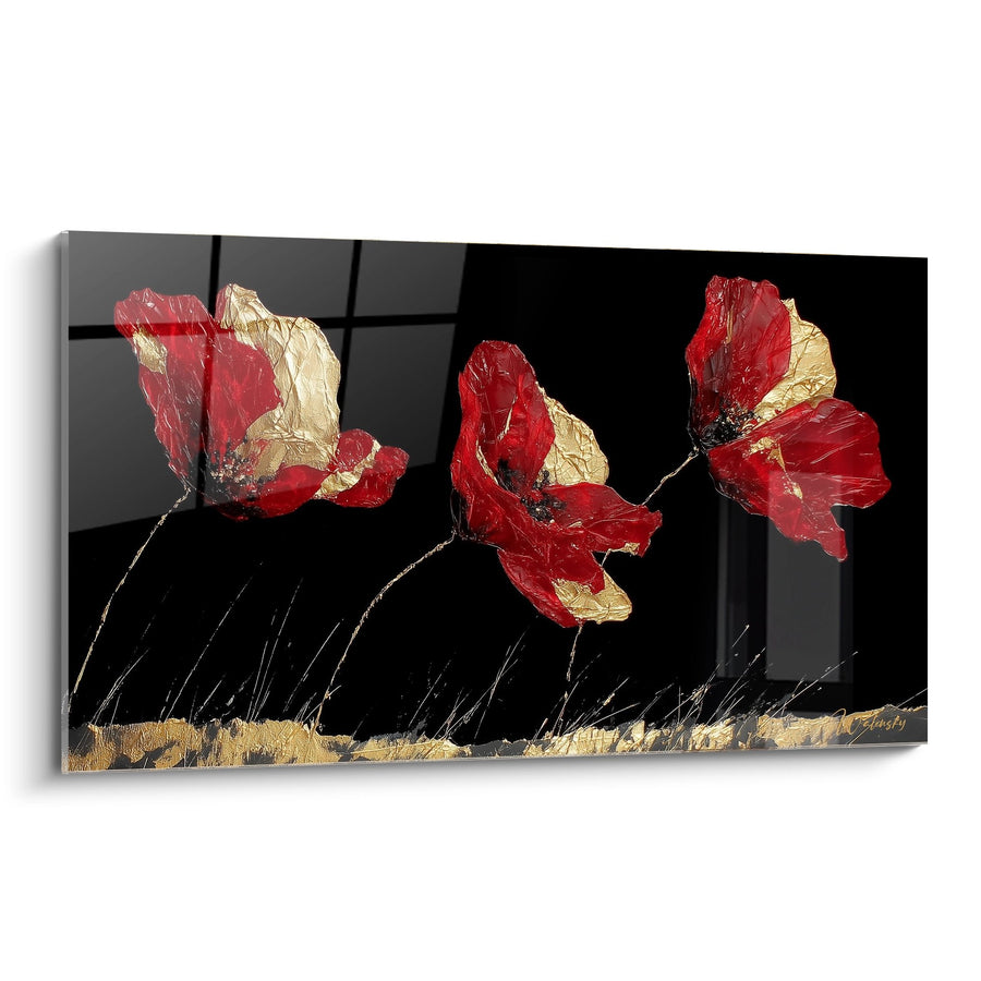Tableau trois fleurs rouges et dorées sur fond noir abstrait - Éclat Flamboyant - Edition Coquelicot