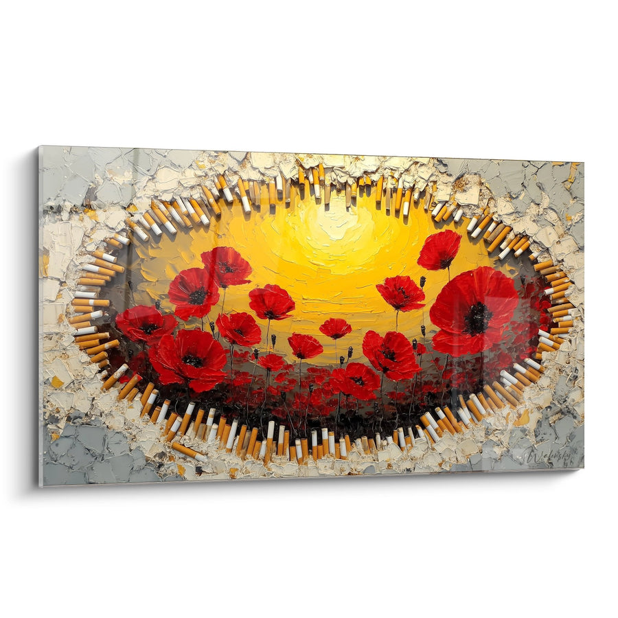 Tableau Champ de Fleurs Rouges dans Écrin Doré sur Mur Fissuré - Éclat Solaire - Edition Coquelicot