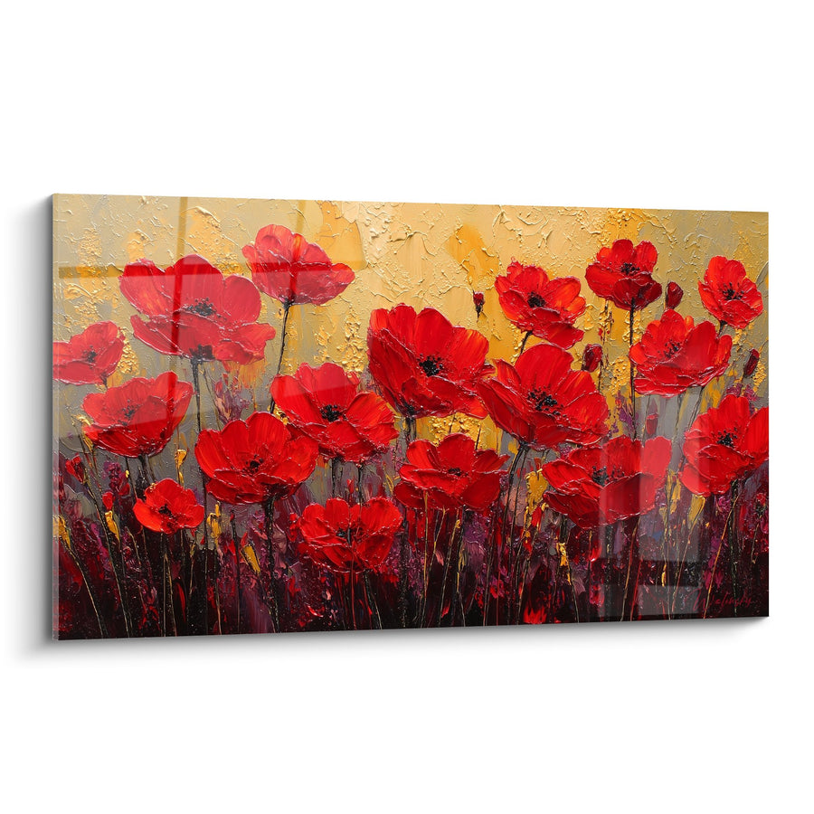 Tableau Champ de Coquelicots Rouges sur Fond Doré Texturé - Éclat Flamboyant - Edition Feng shui Sud Feu