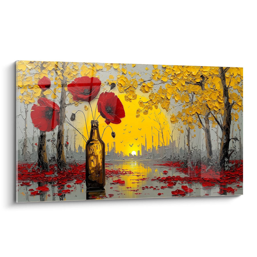Tableau Paysage Automnal avec Coquelicots Rouges et Bouteille Dorée - Mélancolie Urbaine - Edition Coquelicot