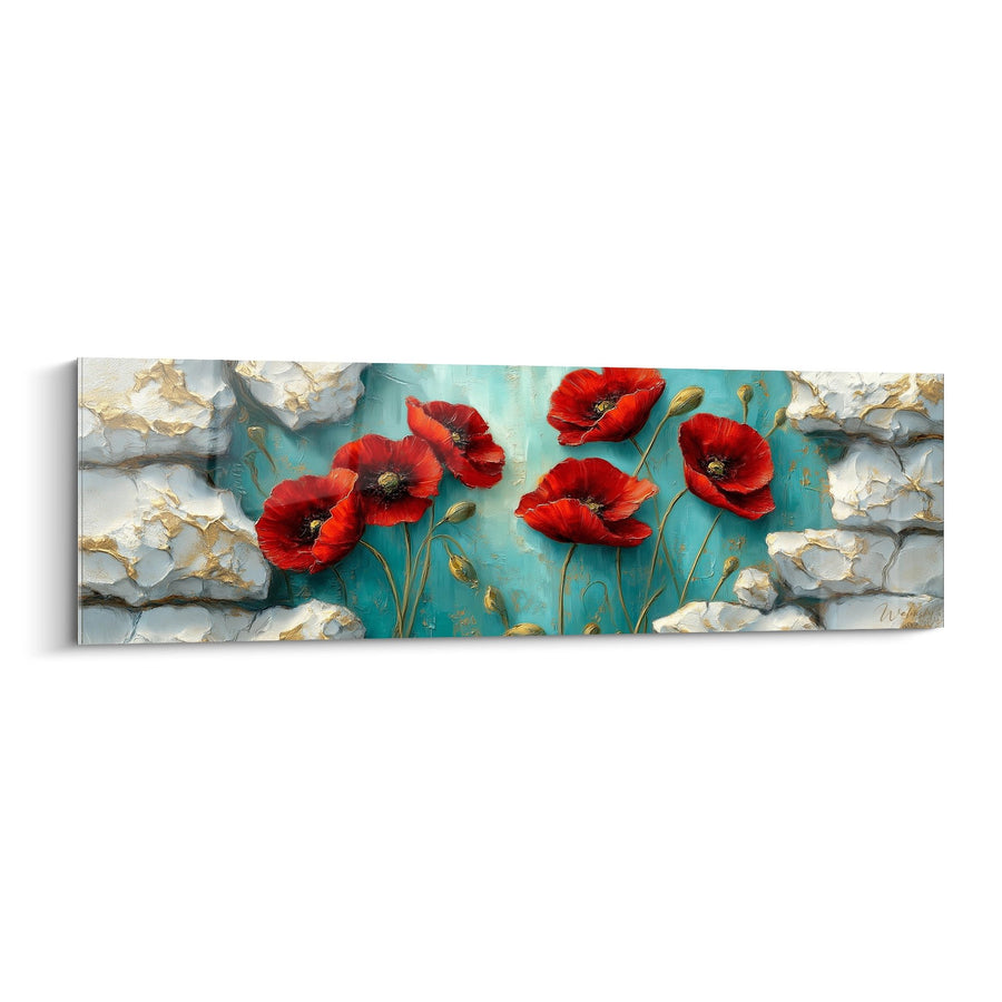 Tableau Fleurs Rouges sur Fond Turquoise avec Nuages Blancs - Jardin Céleste - Edition Coquelicot