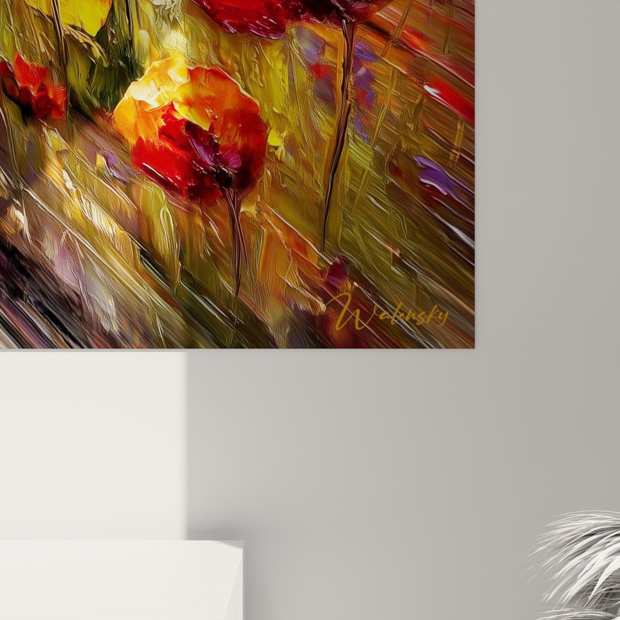 Vue ensemble tableau coquelicots rouges salon decoration interieure style champetre couleurs chaudes