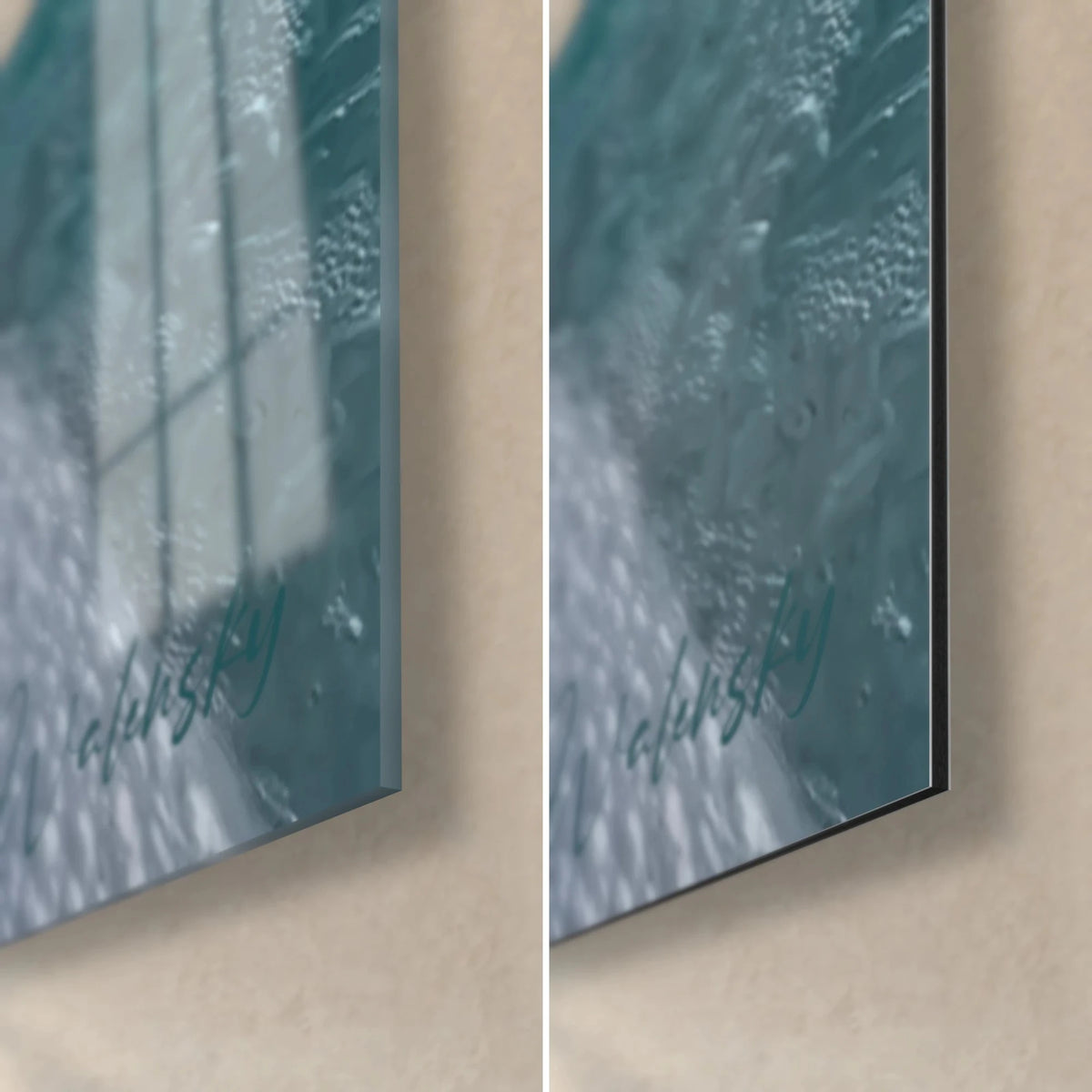 Gemälde Muschel in Orange, untere rechte Ecke aus glänzendem Acrylglas und mattem Dibond-Aluminium, 3 mm Stärke, türkisfarbene Gischt