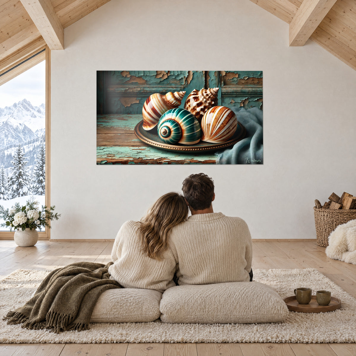 Cuadro de moluscos con nácar rayado en rojizo y marfil, pintura turquesa descascarillada, una pareja de espaldas frente a la nieve