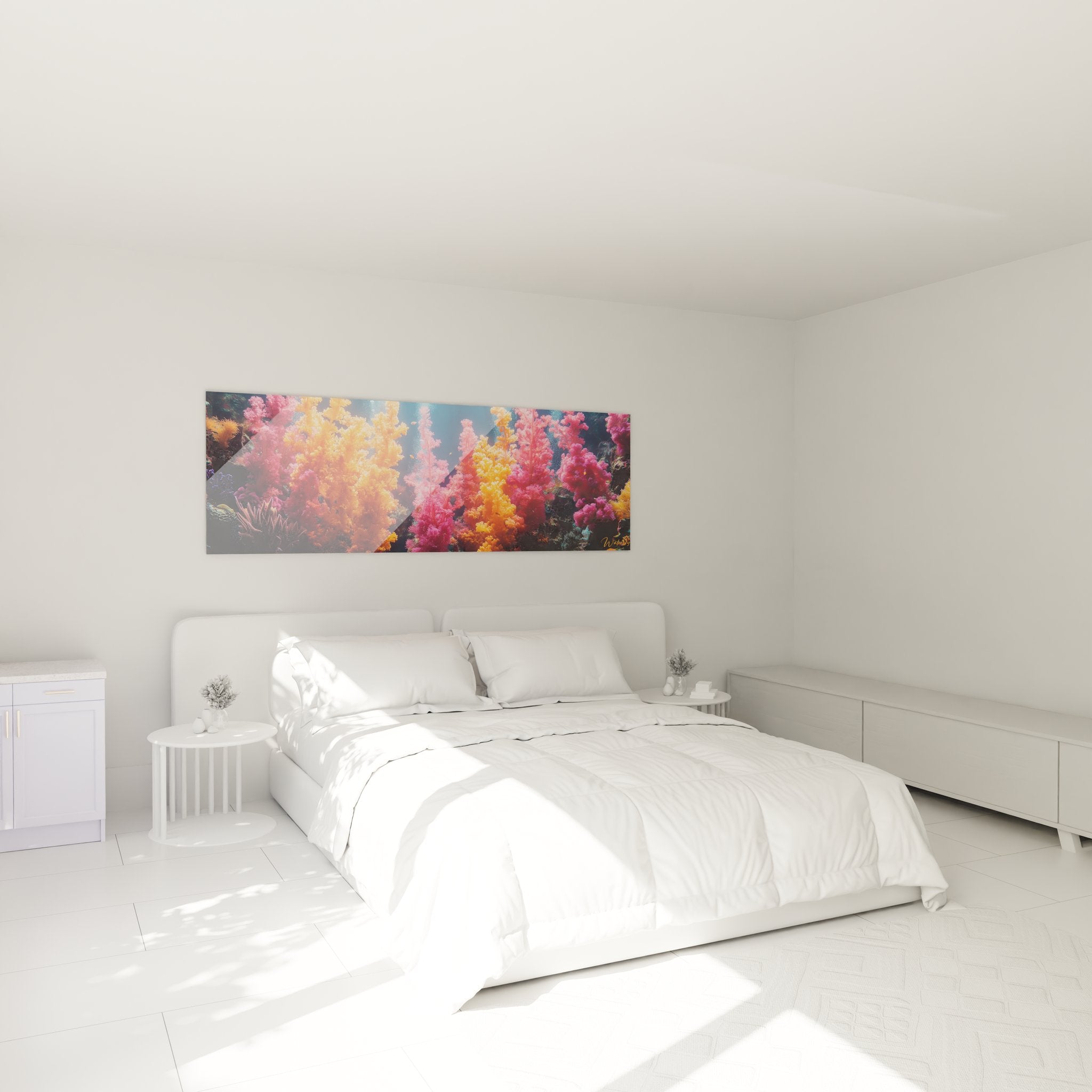 Tableau coraux vibrants installé dans chambre moderne, ambiance décorative marine apaisante