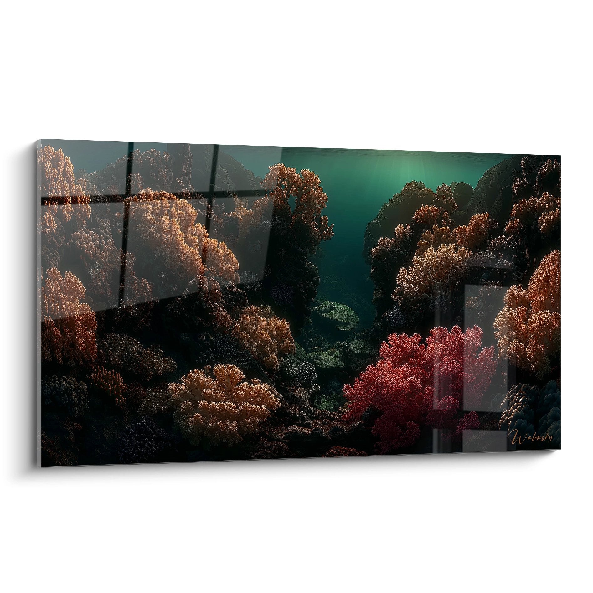 Tableau mural coraux sous-marins colorés orange et rouge sur fond aquatique turquoise pour décoration marine