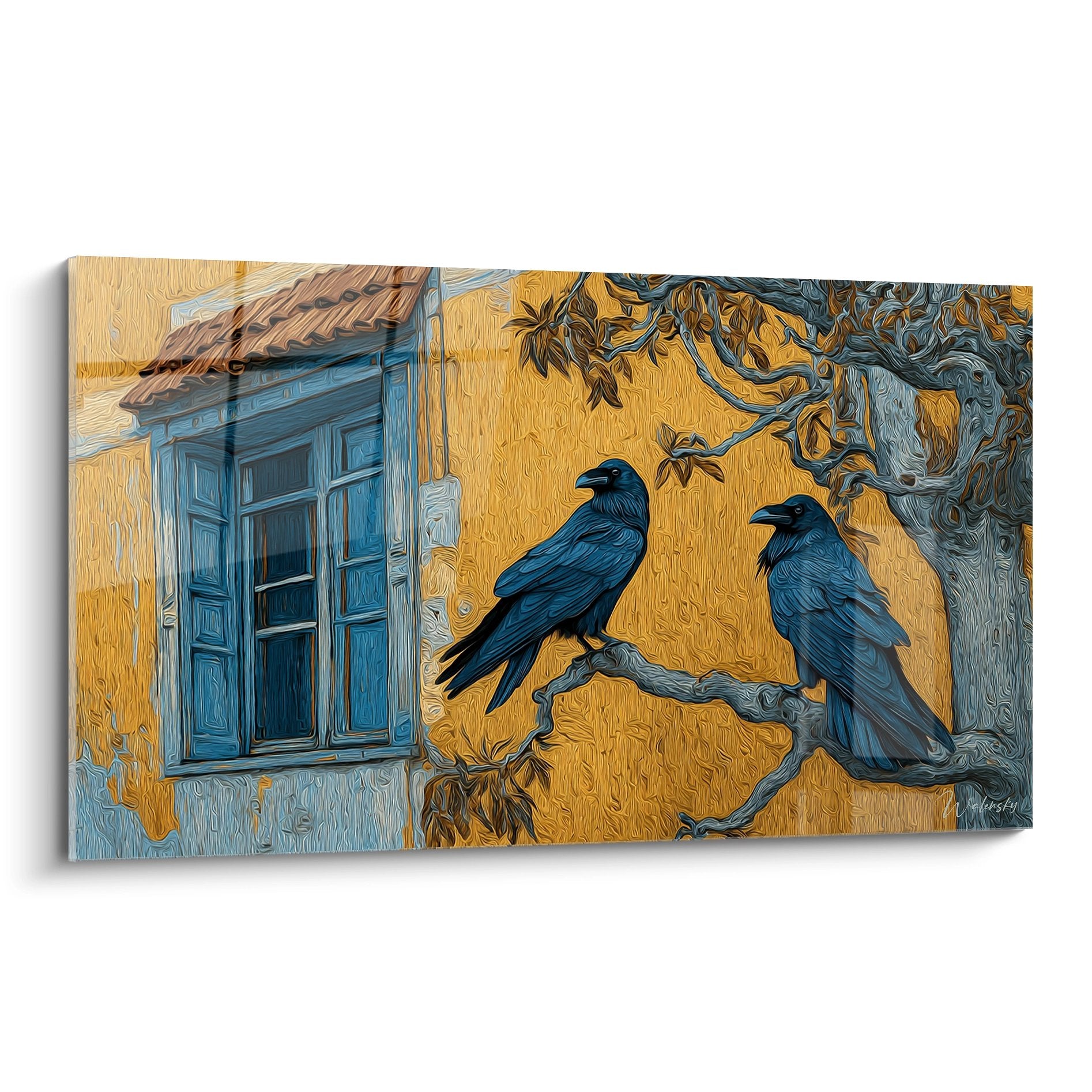 Tableau mural corbeau - deux corbeaux noirs perchés sur branche devant fenêtre bleue méditerranéenne