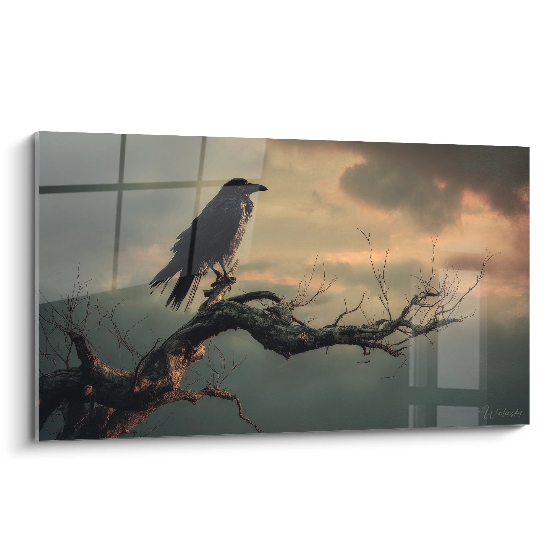 Tableau mural corbeau noir perché sur branche morte au crépuscule avec ciel dramatique orange