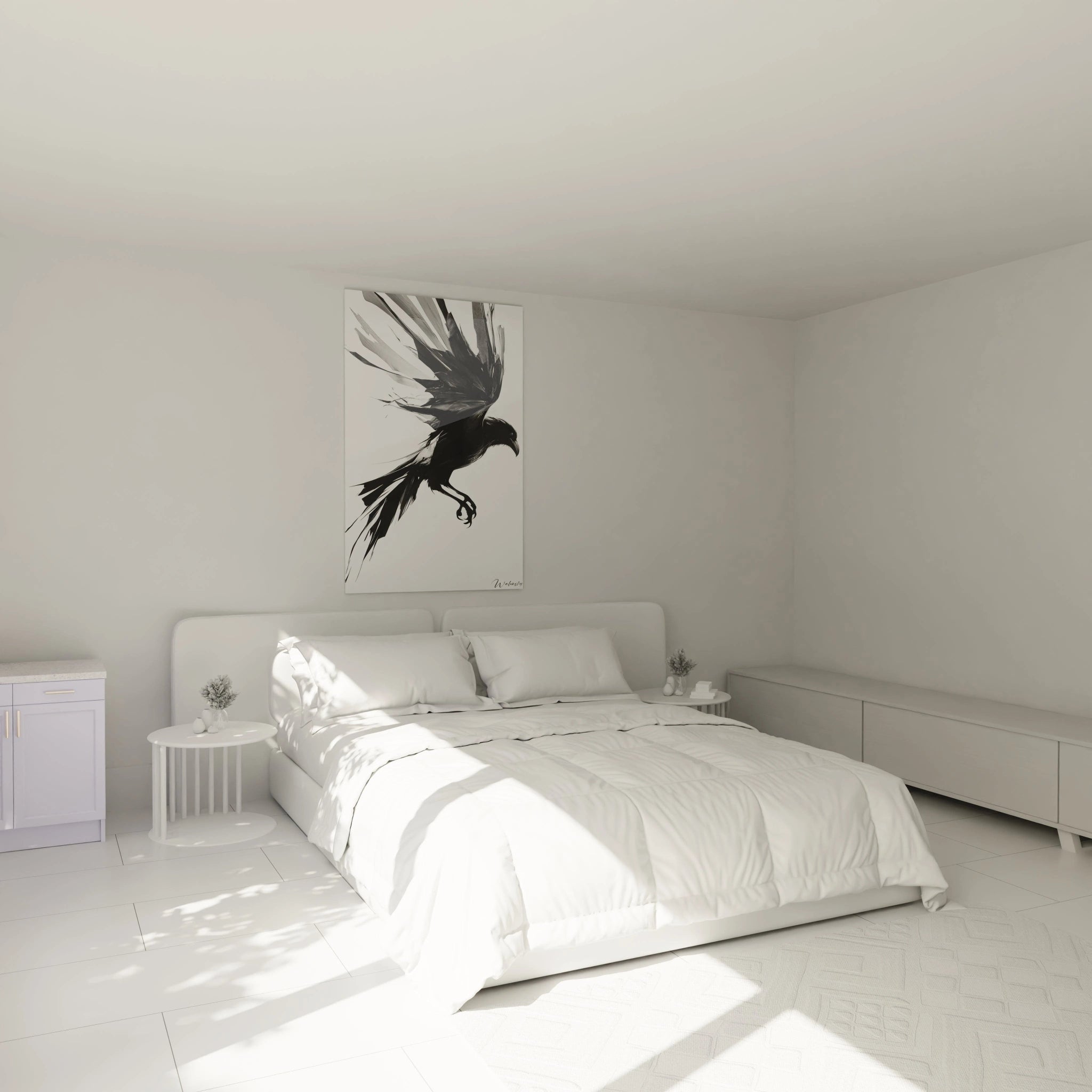 Un tableau corbeau minimaliste montrant un volatile noir aux ailes étendues et serres déployées. Composition diagonale dramatique en noir et blanc, avec effets d'encre fluide créant des transitions subtiles et textures graphiques qui accentuent le dynamisme du vol.
