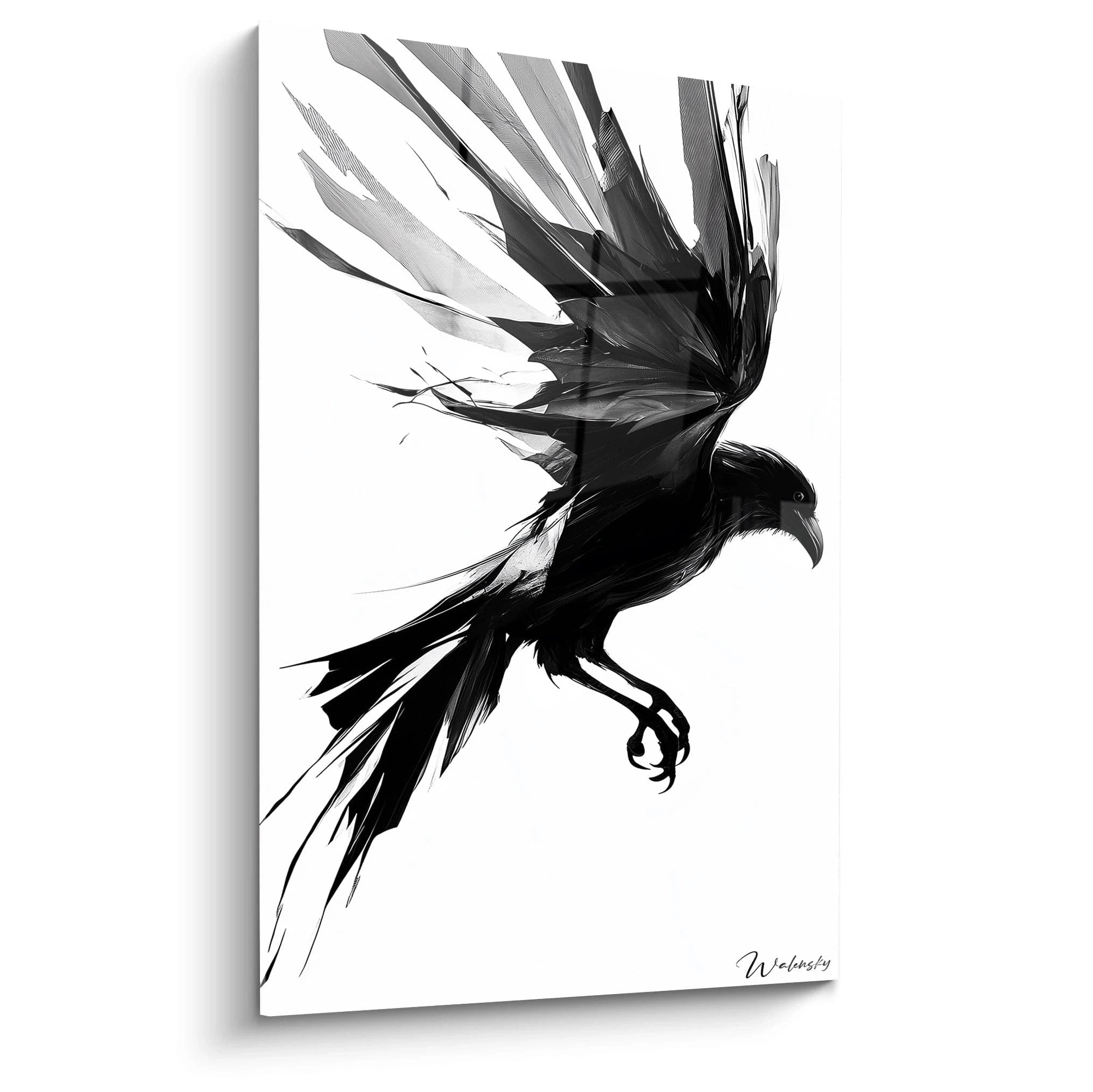 Un tableau corbeau représentant un oiseau noir en plein vol, ailes déployées avec des effets graphiques dynamiques. Contraste saisissant de noir profond sur fond blanc, textures détaillées des plumes et lignes expressives créant une impression de mouvement puissant.

