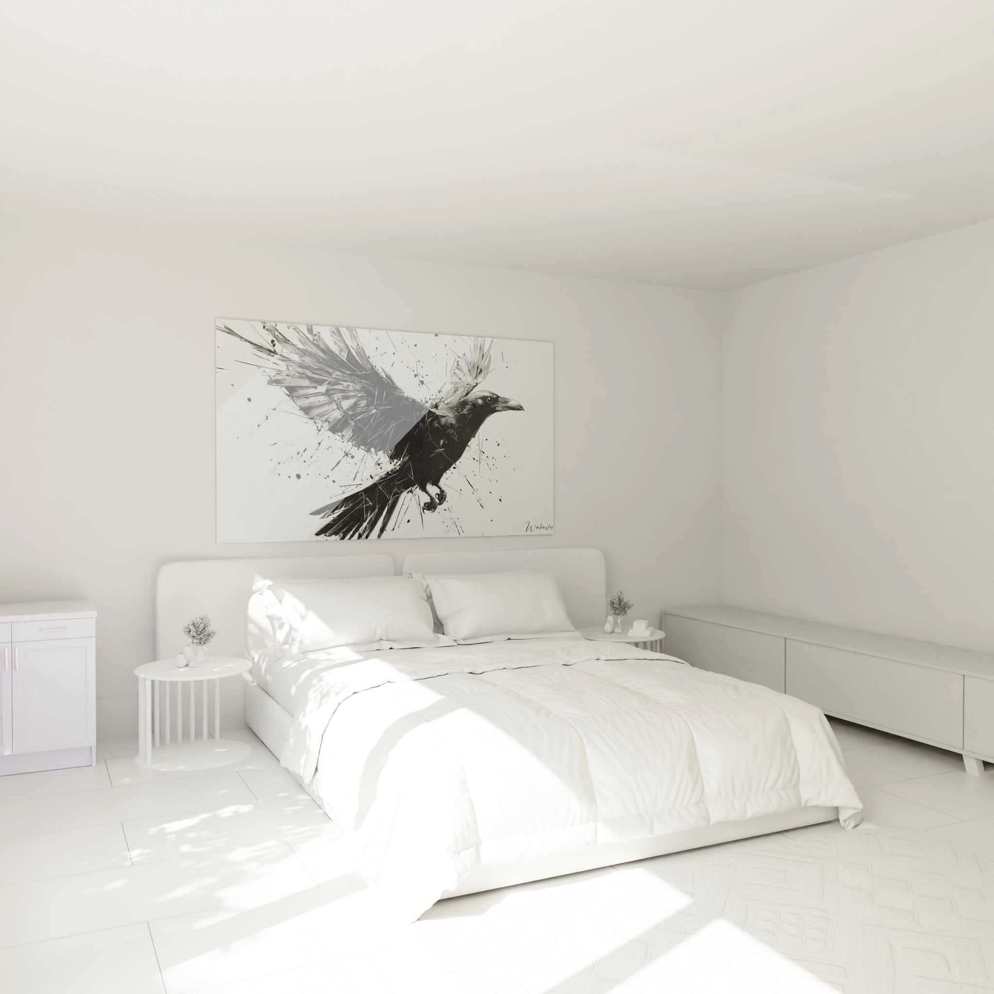 Un tableau corbeau expressionniste présentant l'oiseau en mouvement ascendant. Le noir intense du plumage se désintègre en projections graphiques sur fond blanc immaculé, créant une impression de puissance et de vitesse.
