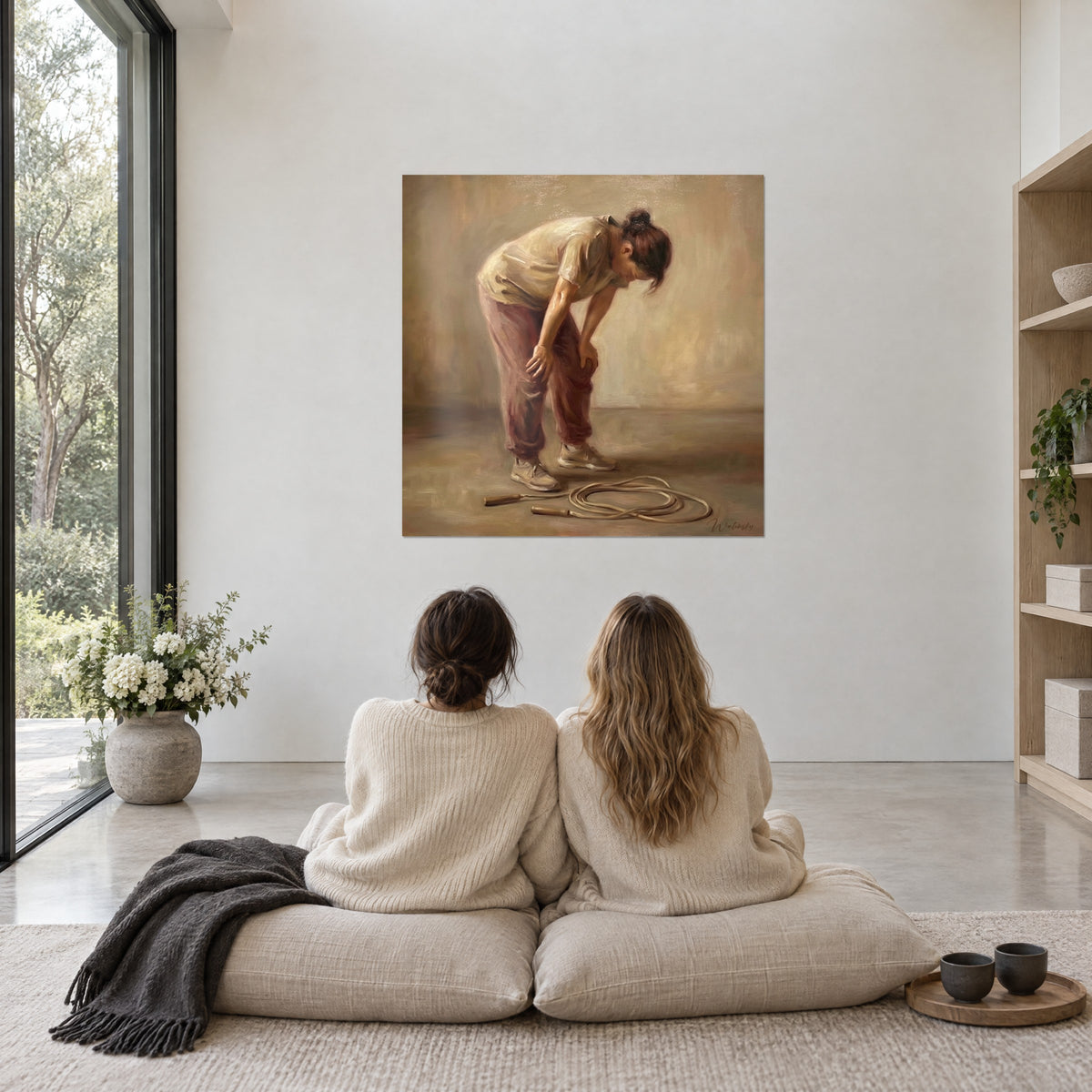 Tableau sauteuse à la corde en pause, haut crème et pantalon bordeaux clair, fond ocre doré, sur un mur blanc devant un grand baie vitrée