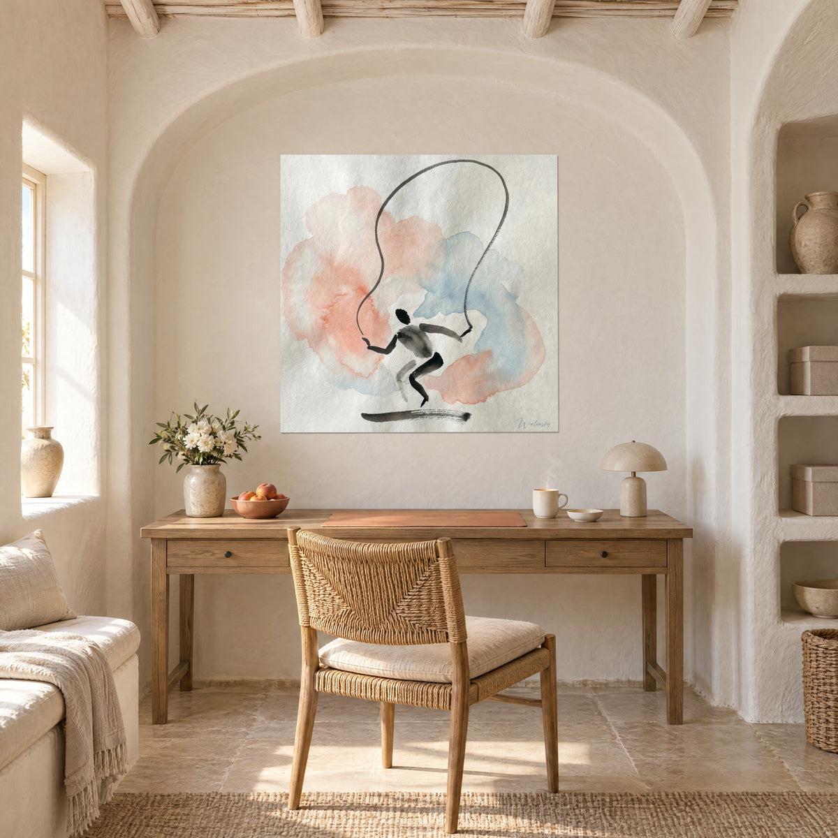 Quadro danzatore con la corda, tratto d'inchiostro nero, aloni albicocca e azzurro polvere, scrivania in legno sotto un arco bianco