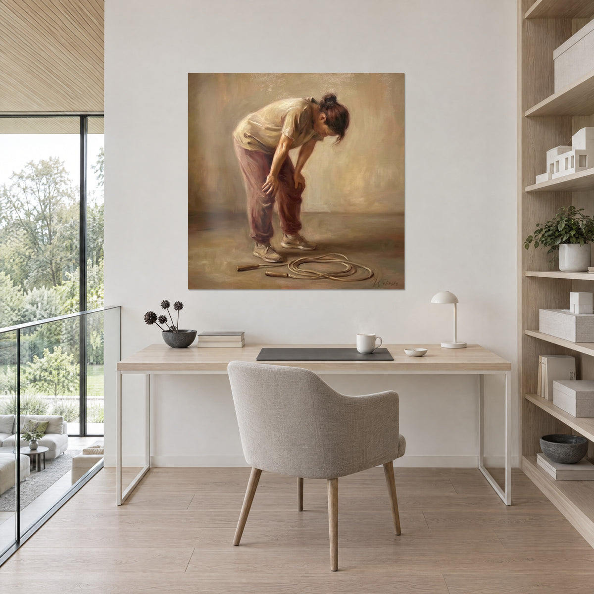 Tableau peinture à l'huile d'une sportive à bout de souffle, tons rose et ocre, corde au sol, au-dessus d'un bureau en bois clair