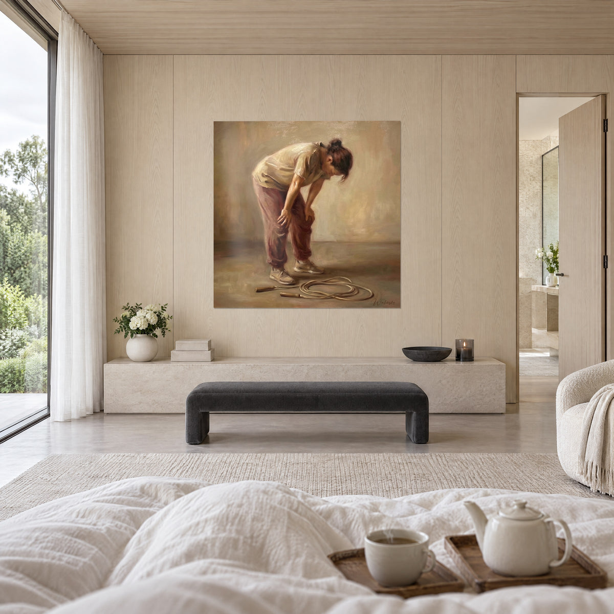 Tableau athlète reprenant son souffle, chignon brun et baskets crème, corde posée au sol, au-dessus d'un lit dans une chambre claire