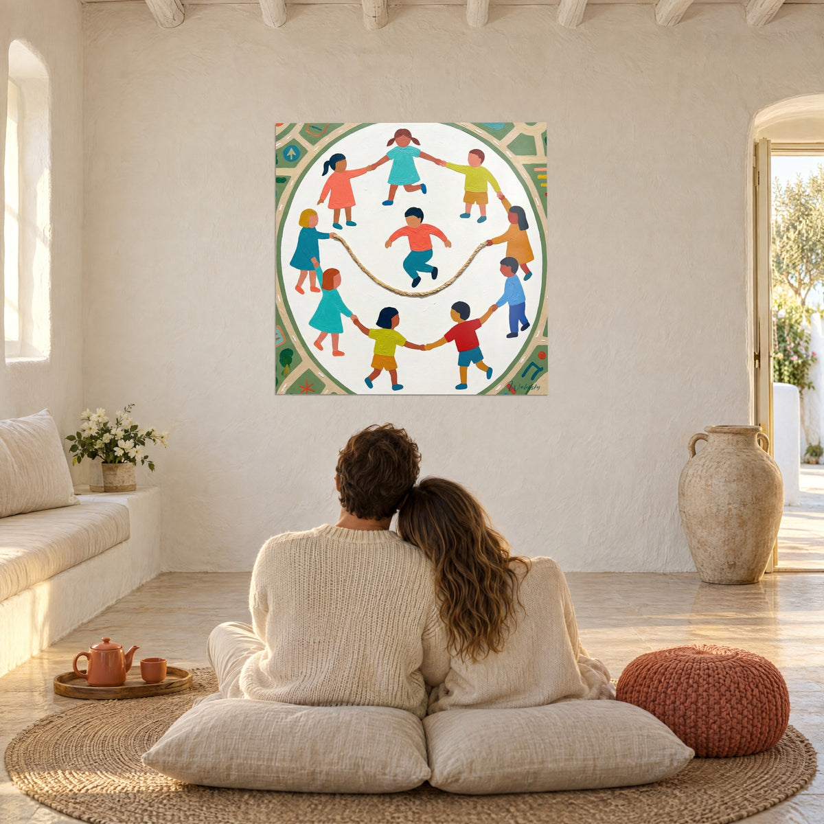 Wall art circle of joyful children in turquoise dresses and yellow clothing, braided rope, a couple embracing on cushions in a whitewashed room