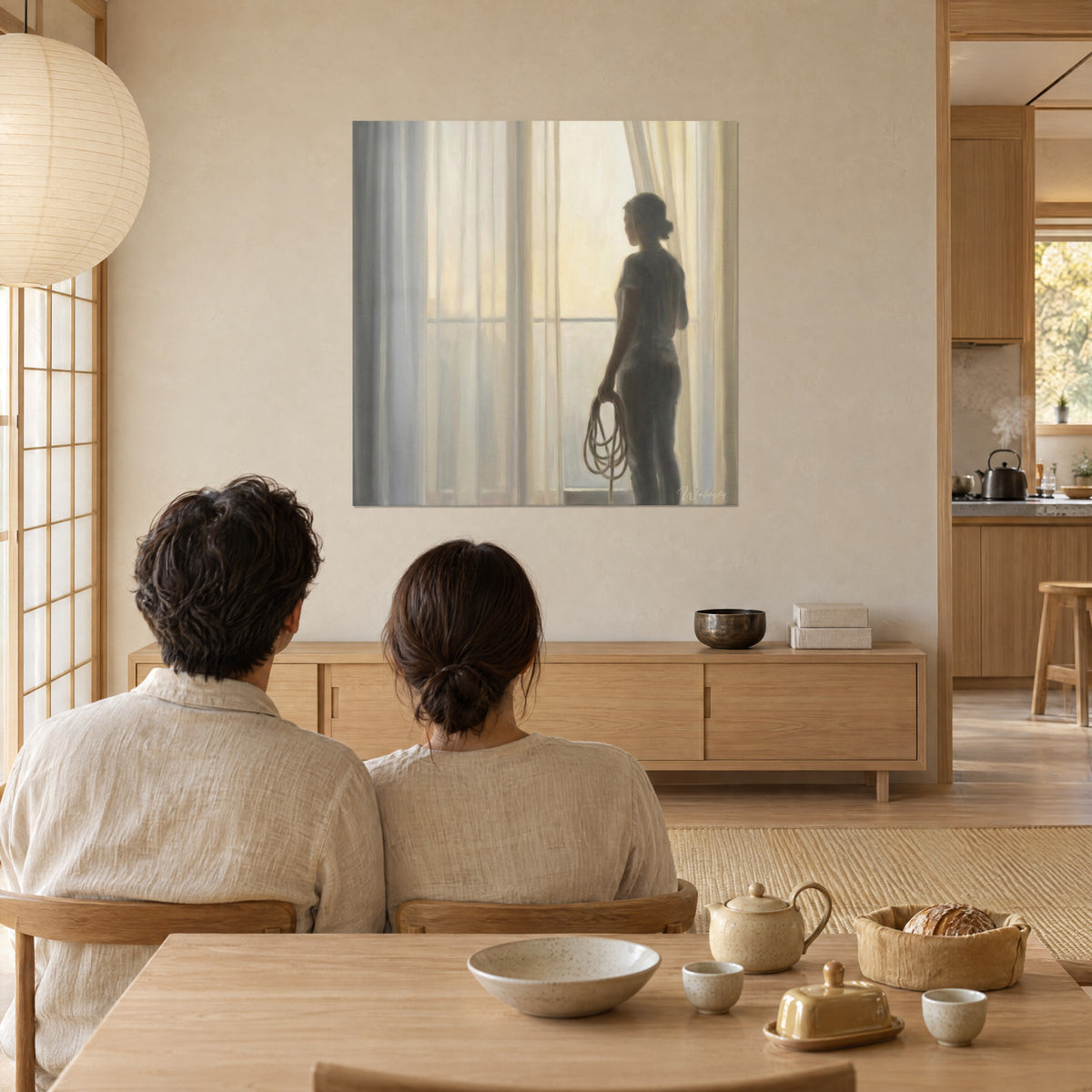 Cuadro figura femenina con la comba frente a cortinas marfil y ocre dorado, pareja de espaldas en la mesa, té humeante en un interior japandi