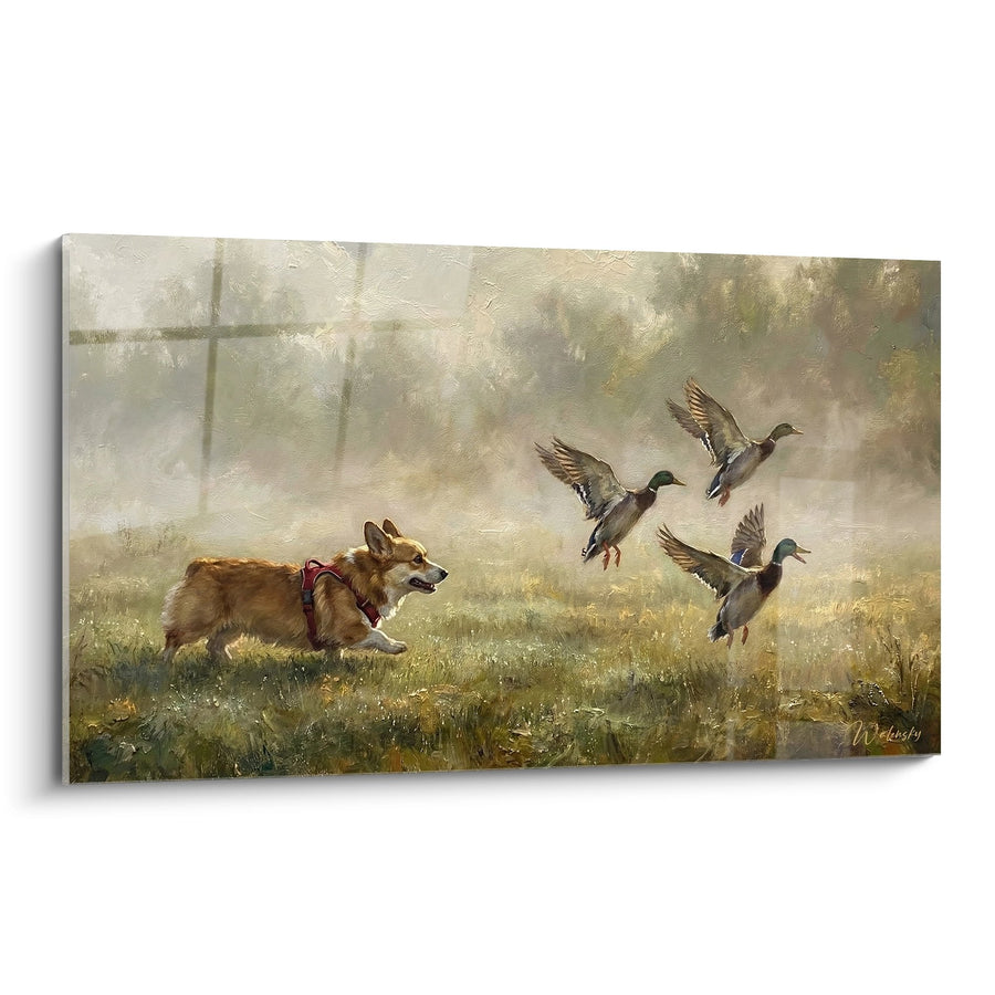 Tableau Corgi Chasseur aux Canards en Plein Mouvement - Scène Campagnarde - Edition Corgi Pembroke