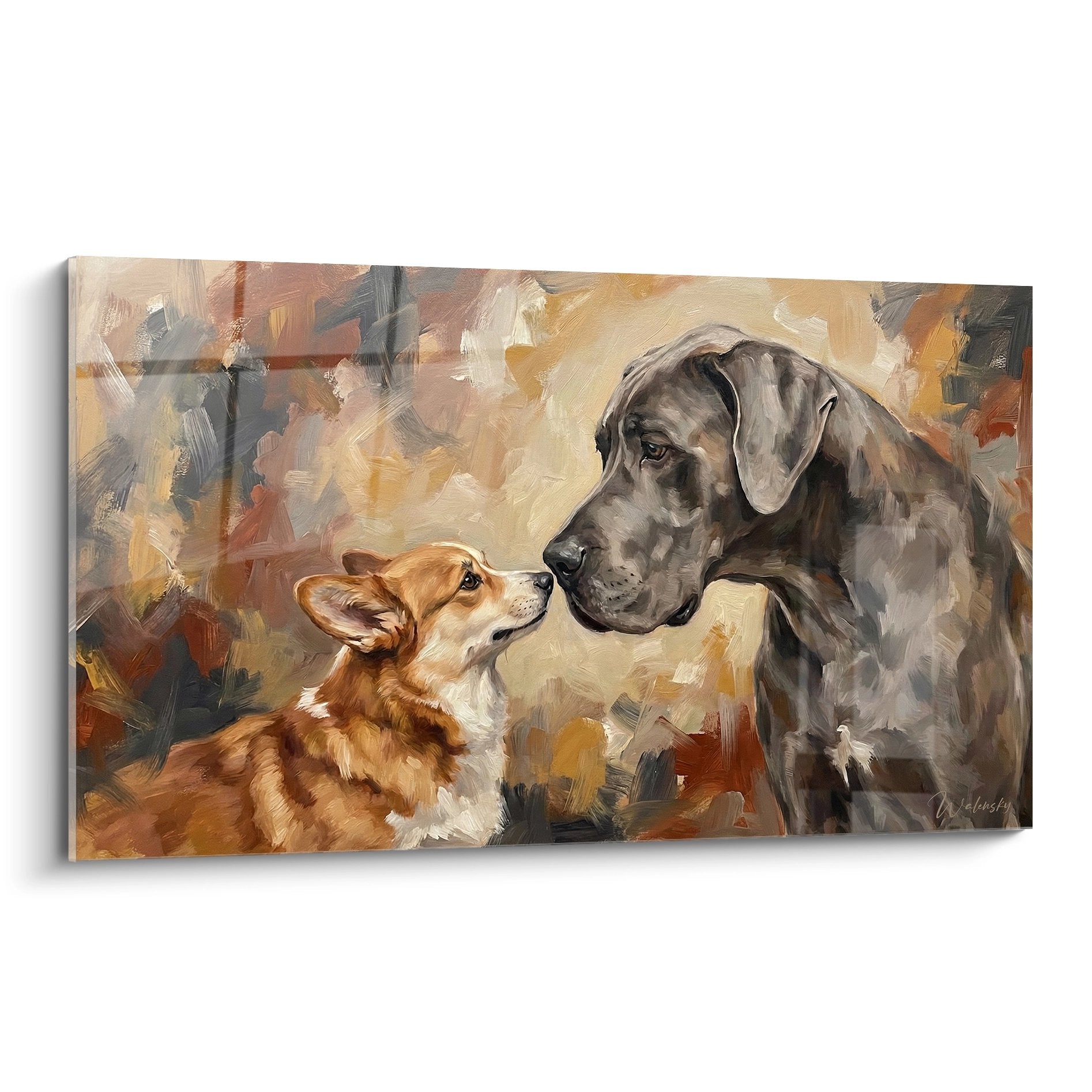 Peinture montrant Corgi roux face à grand chien gris, palette ocre et brune, style expressif touchant