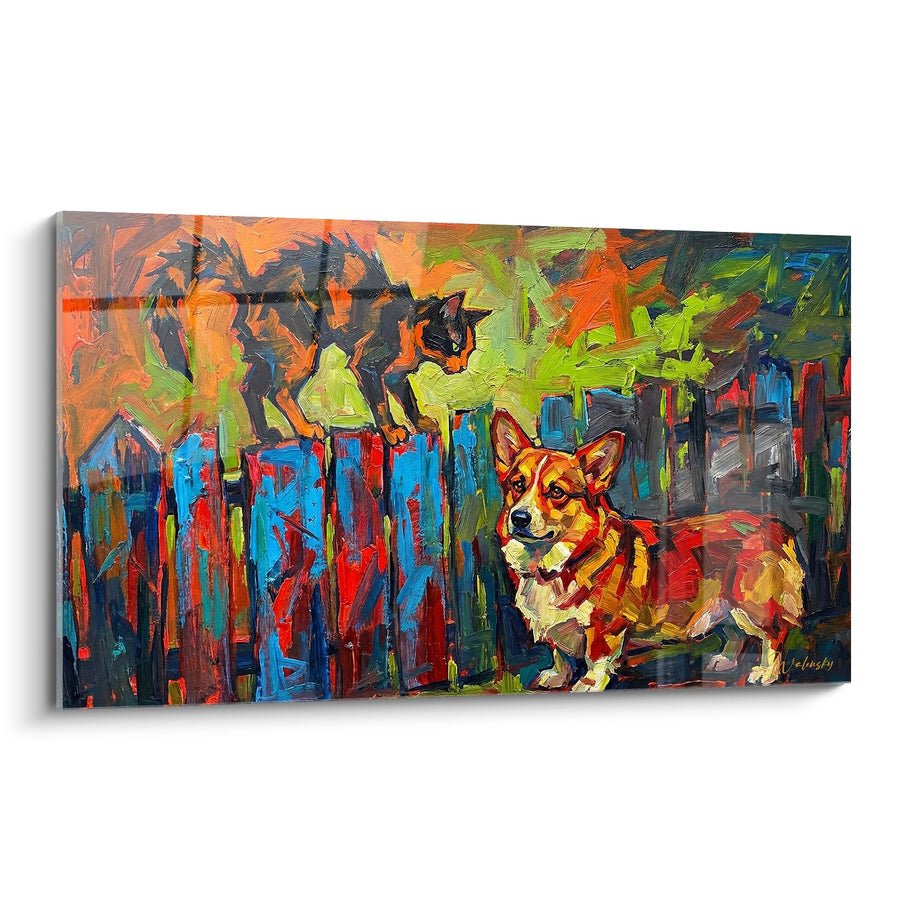 Tableau Corgi Fauve sur Clôture Colorée - Évasion Champêtre - Edition Corgi Pembroke