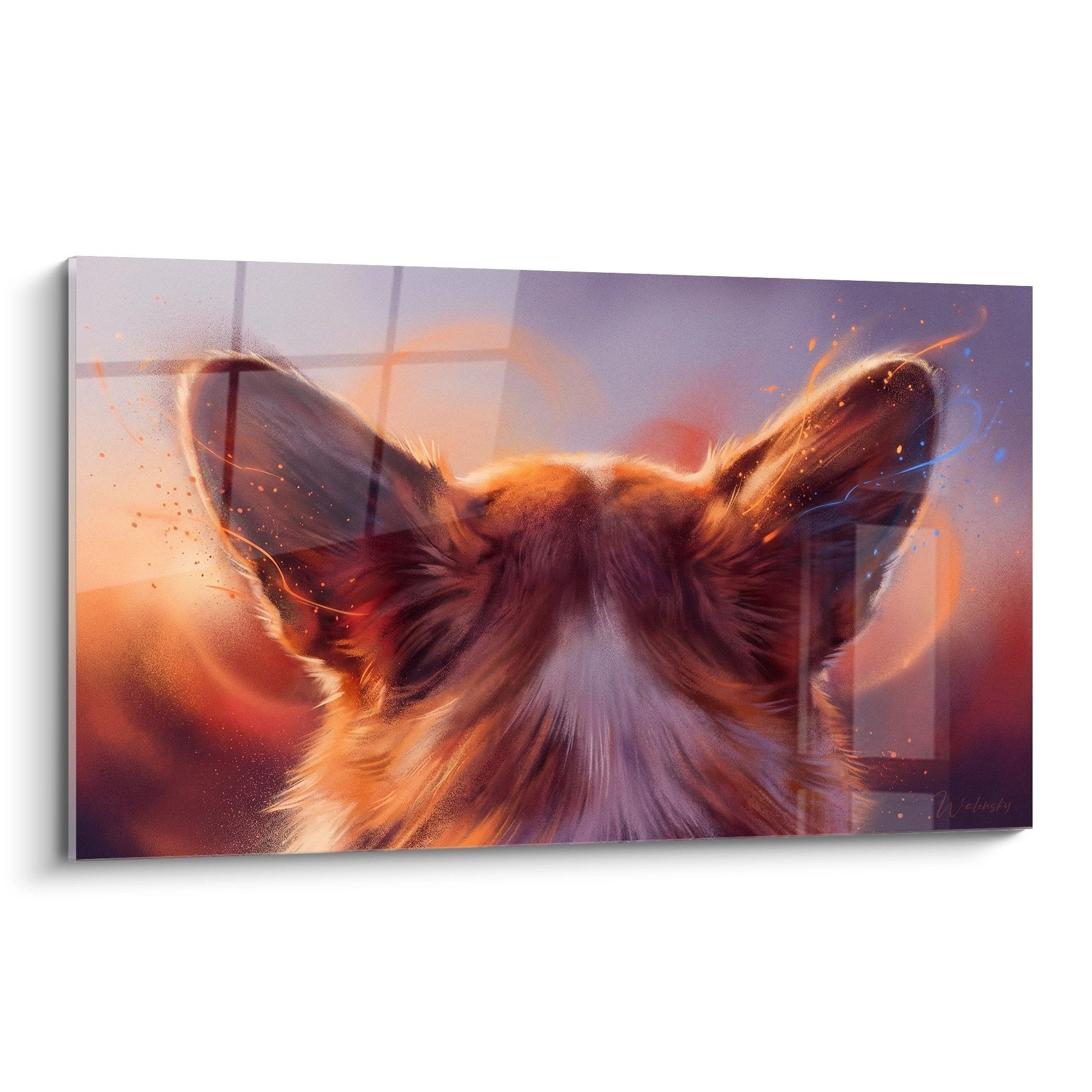 Tableau artistique Corgi Pembroke aux oreilles translucides dans halo doré et particules lumineuses sur fond pourpre