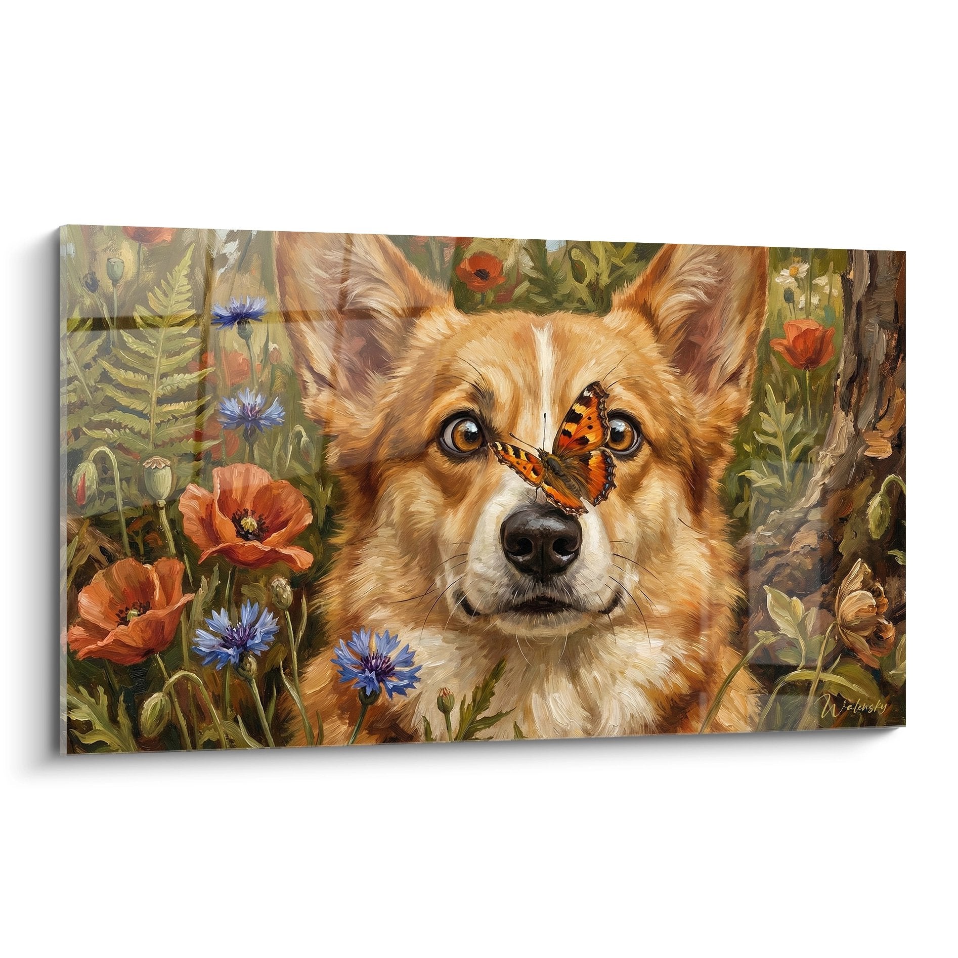 Tableau corgi roux avec papillon orange sur le nez dans prairie aux coquelicots et bleuets - edition pembroke
