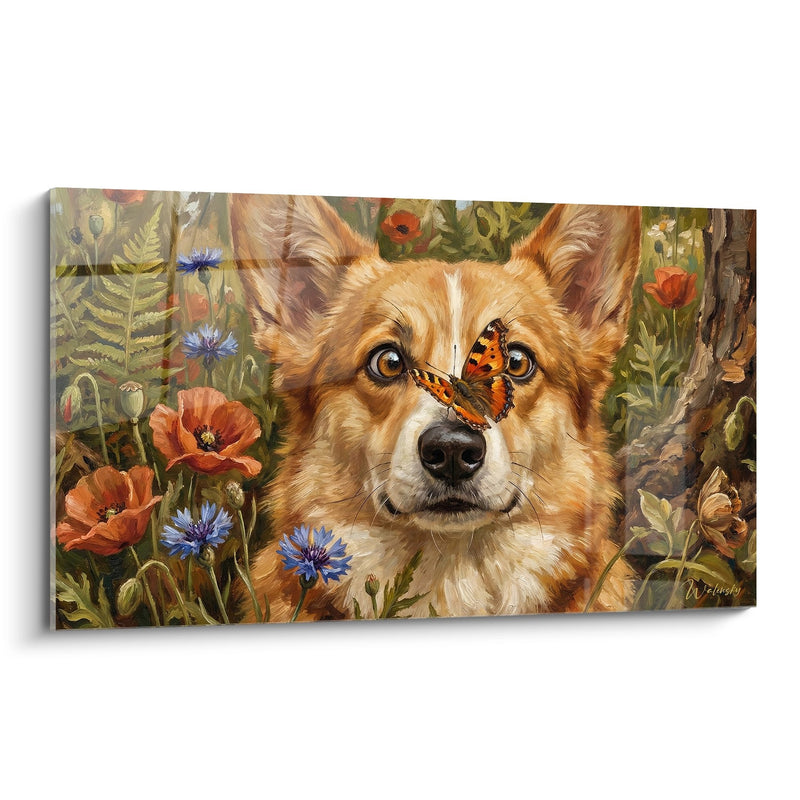 Quadro Corgi Rosso con Farfalla Arancione in Prato Fiorito - Momento Incantevole - Edizione Corgi Pembroke