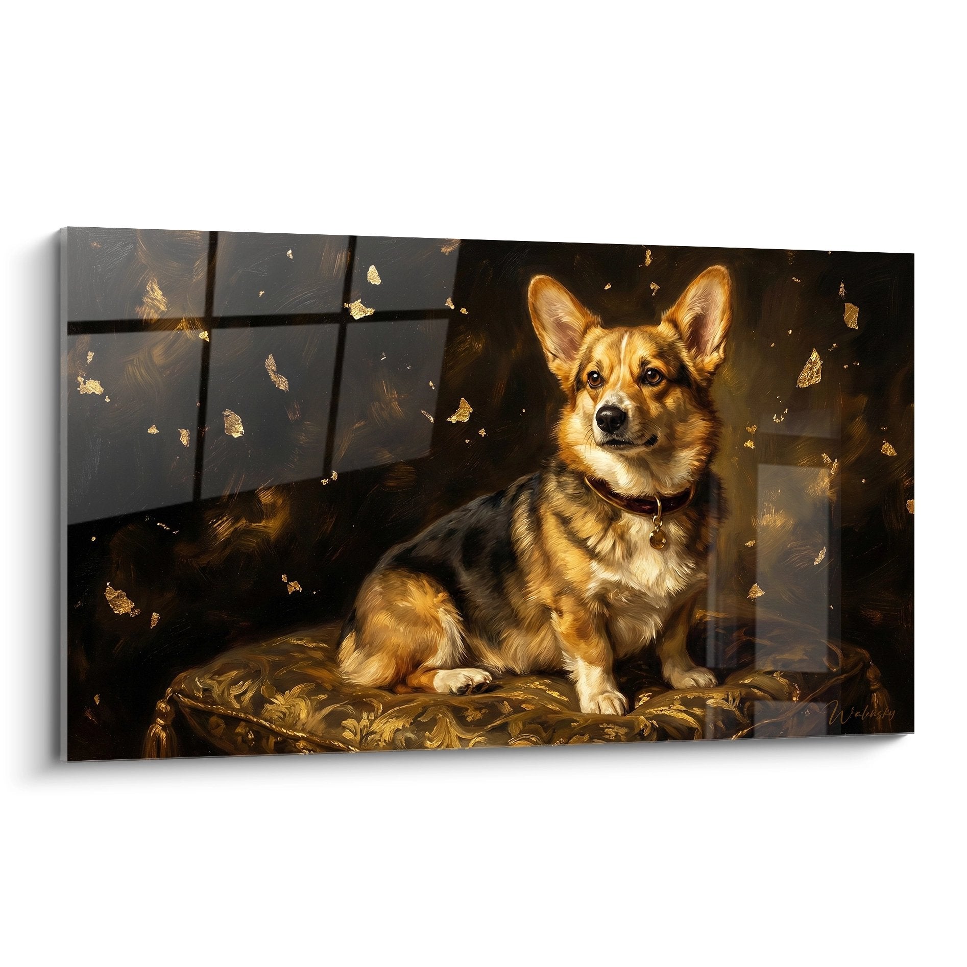 Tableau corgi pembroke tricolore sur canape baroque dore avec particules dorees ambiance aristocratique luxueuse