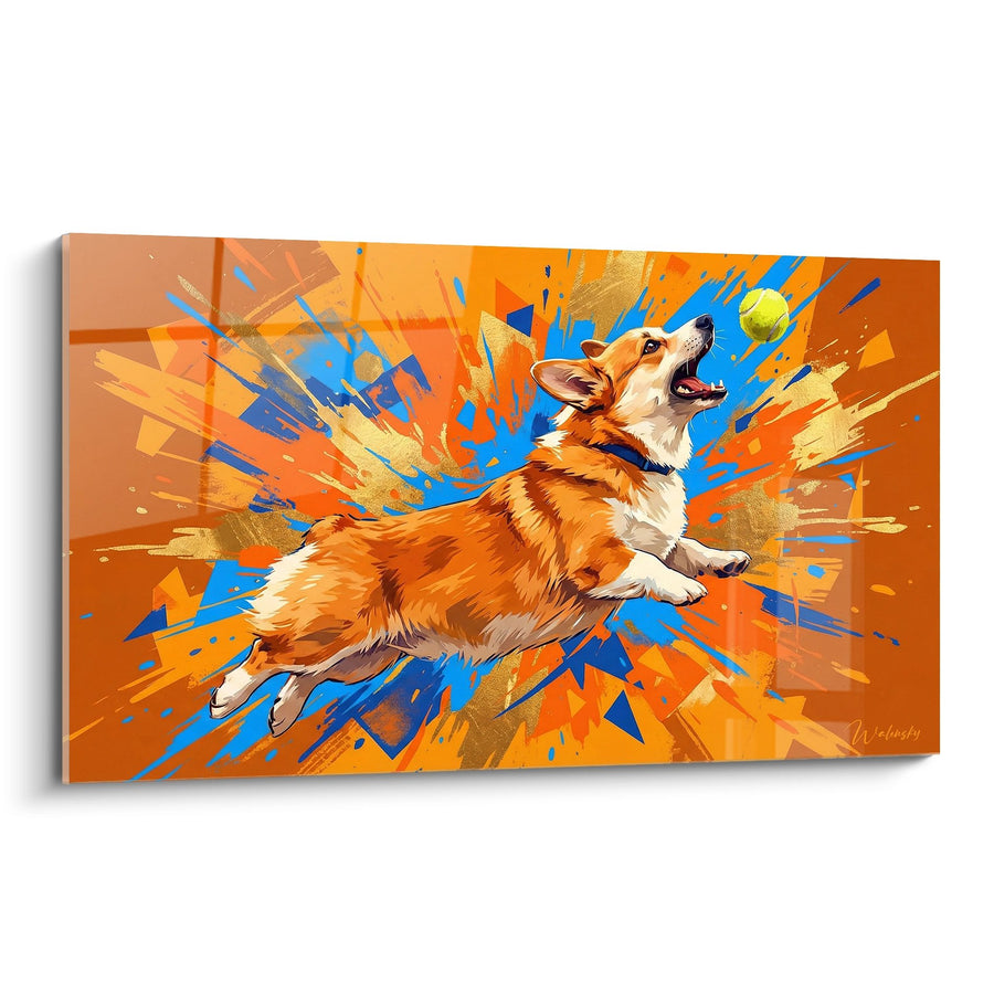 Tableau Corgi Bondissant dans Éclaboussures Oranges et Bleues - Explosion de Joie - Edition Corgi Pembroke