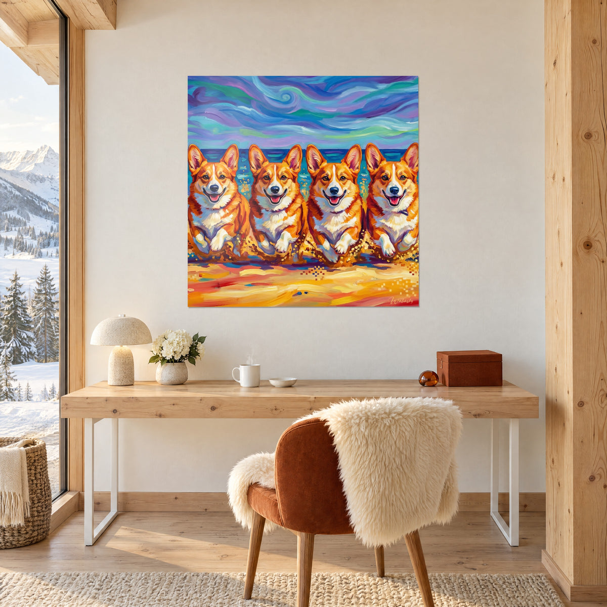 Quadro branco di corgi pembroke in piena corsa, cielo viola e verde ondeggiante, sopra una scrivania in legno chiaro