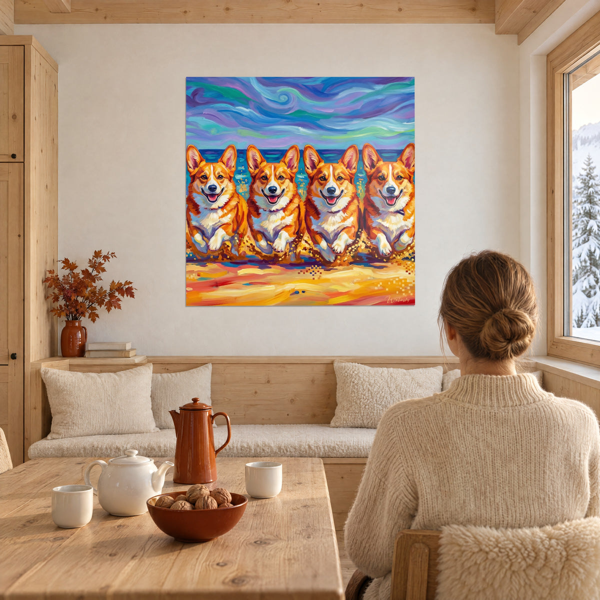 Quadro ritratto di quattro cani fulvi e crema, spiaggia gialla e rosa a larghe pennellate, parete bianca di chalet