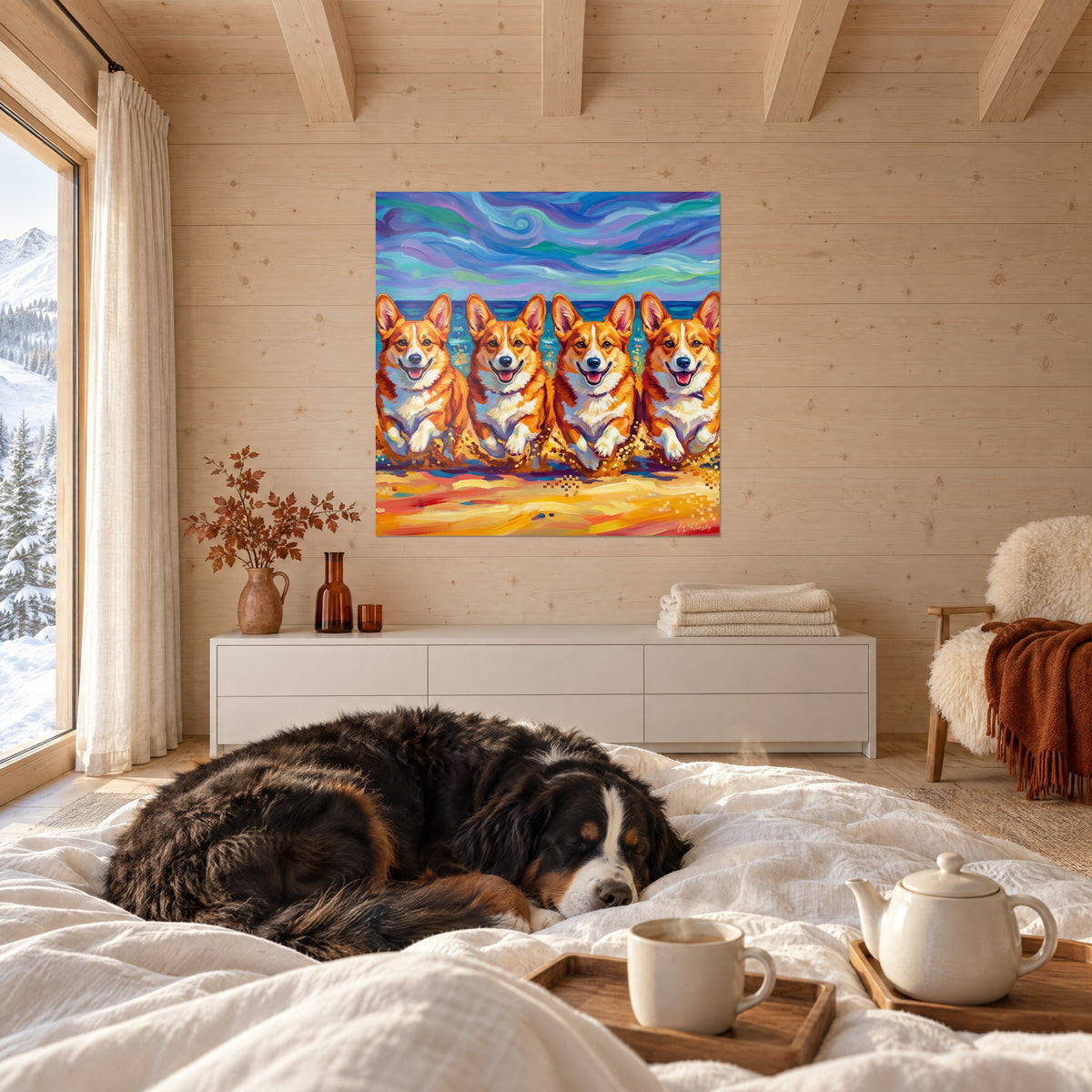 Quadro quartetto di corgi sorridenti su sfondo di oceano blu e verde, sopra un letto in una camera luminosa