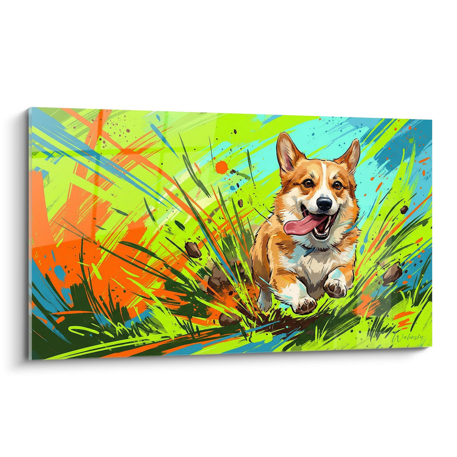 Tableau Corgi en Mouvement sur Fond Multicolore Explosif - Énergie Pure - Edition Corgi Pembroke