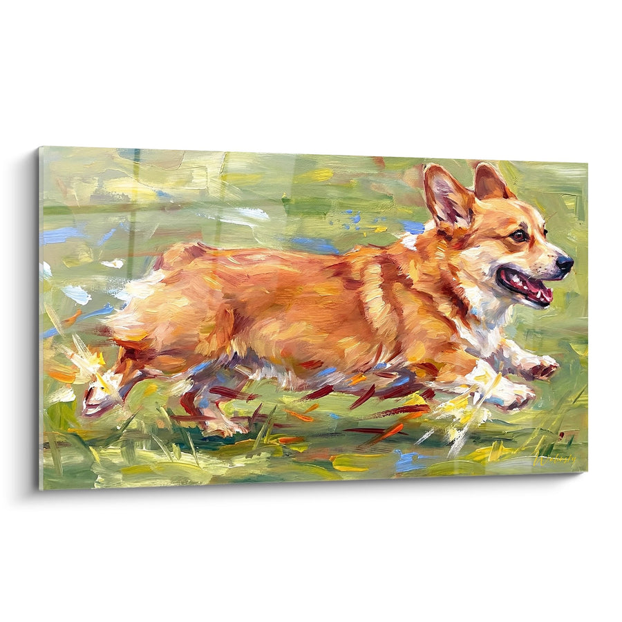 Tableau Corgi Roux en Course dans l'Herbe - Élan Printanier - Édition Corgi Pembroke