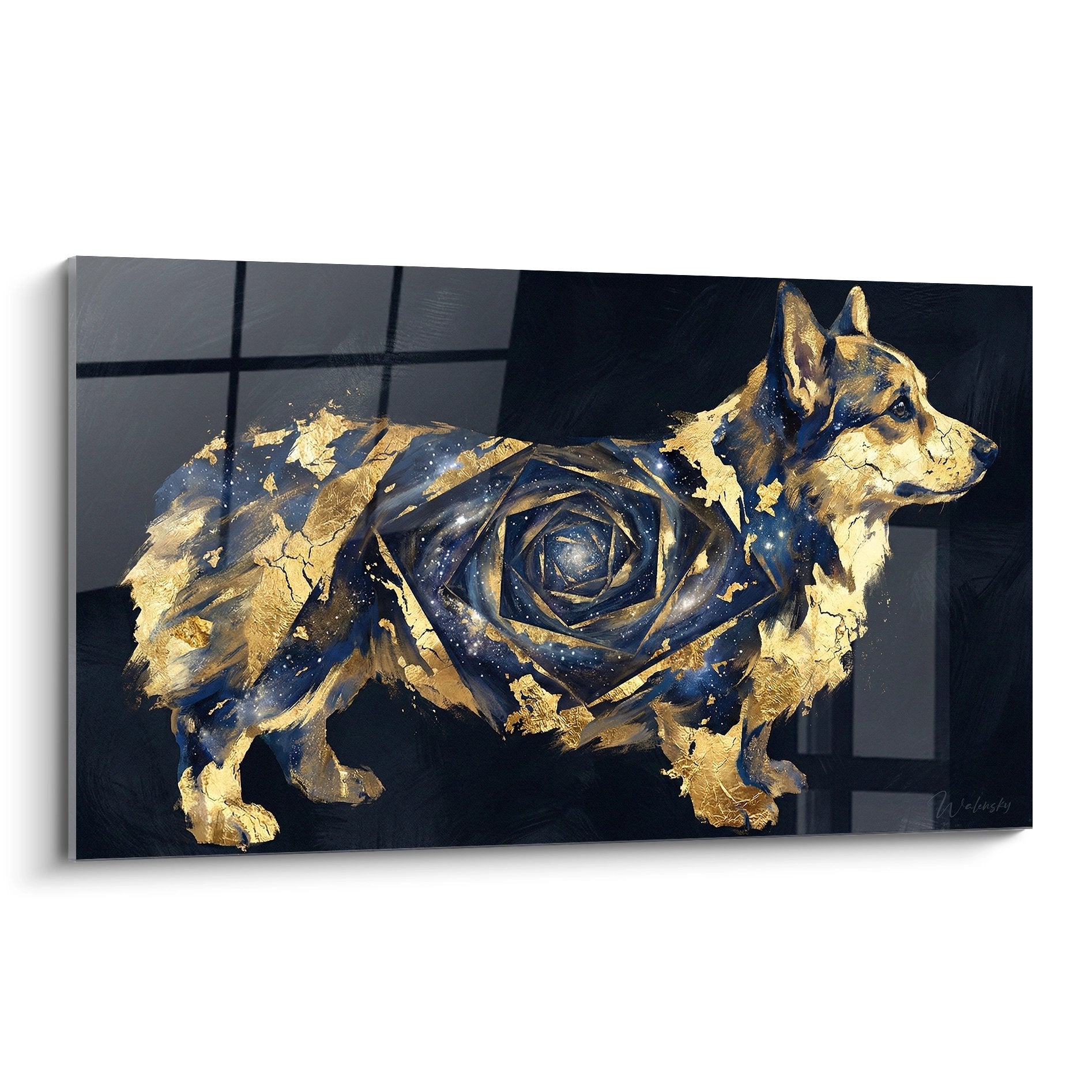 Künstlerisches Gemälde Corgi Pembroke vergoldet mit kosmischen Mustern auf nachtblauem Hintergrund mit galaktischen Spiralen