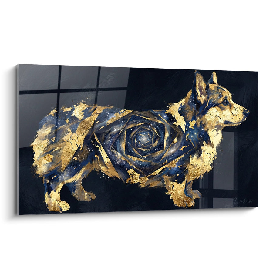 Tableau Corgi Doré aux Motifs Cosmiques - Fusion Galactique - Edition Corgi Pembroke