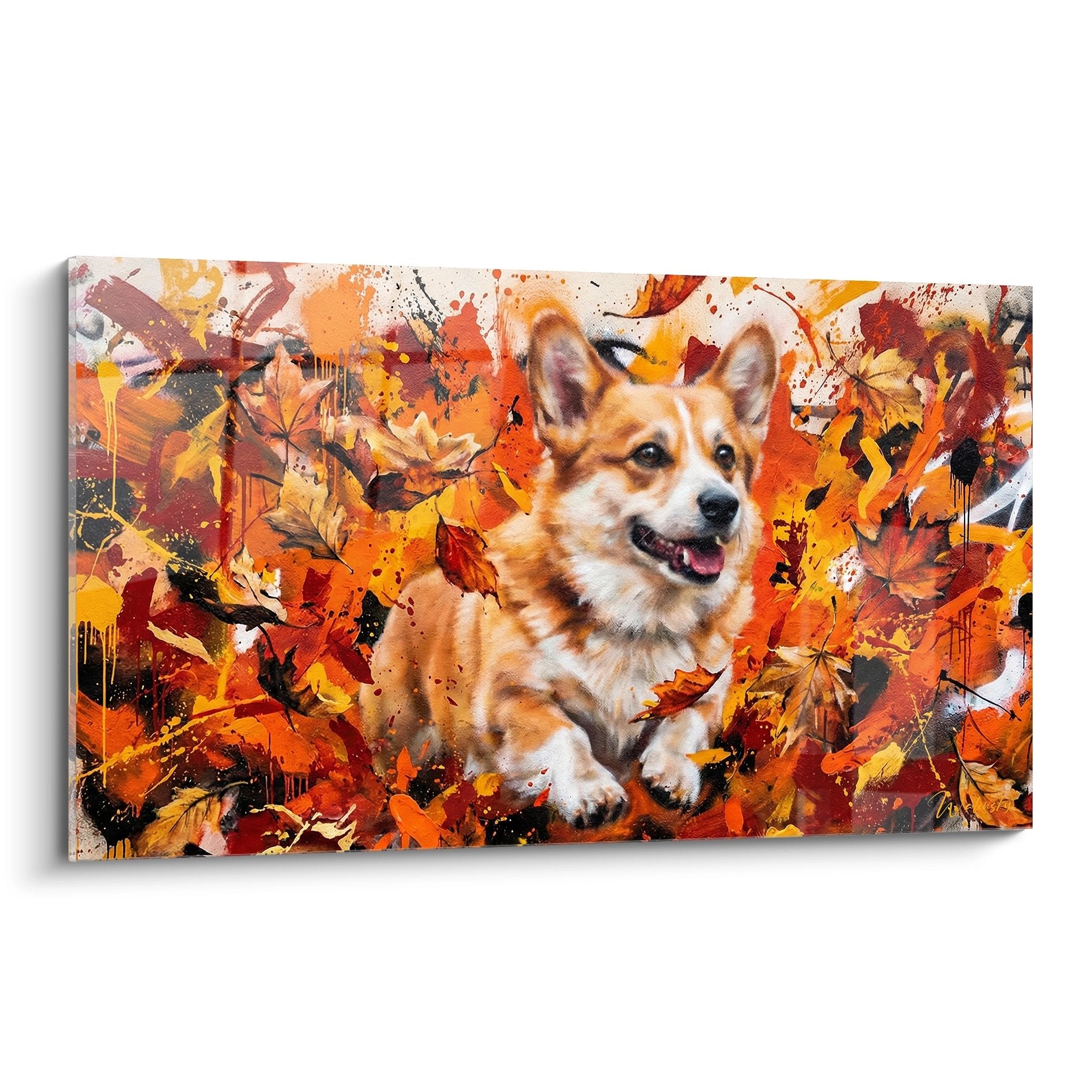 Tableau moderne Corgi Pembroke roux dans explosion éclaboussures orange rouge automne art contemporain