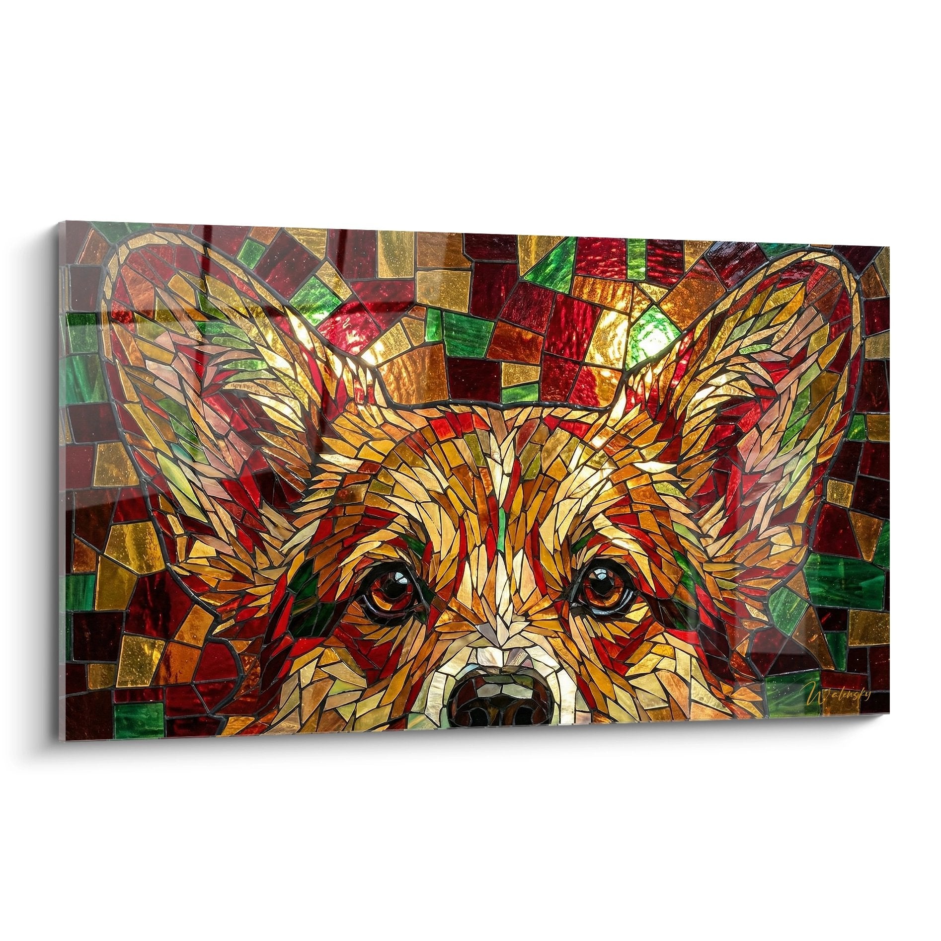 Portrait Corgi Pembroke style mosaique geometrique tons dores cuivres rouge vert - art contemporain chien