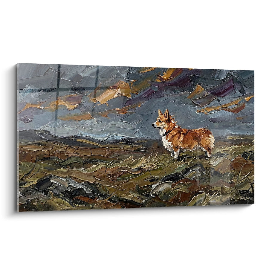 Tableau Corgi Roux dans Paysage Rocheux sous Ciel Orageux - Tempête Sauvage - Edition Corgi Pembroke
