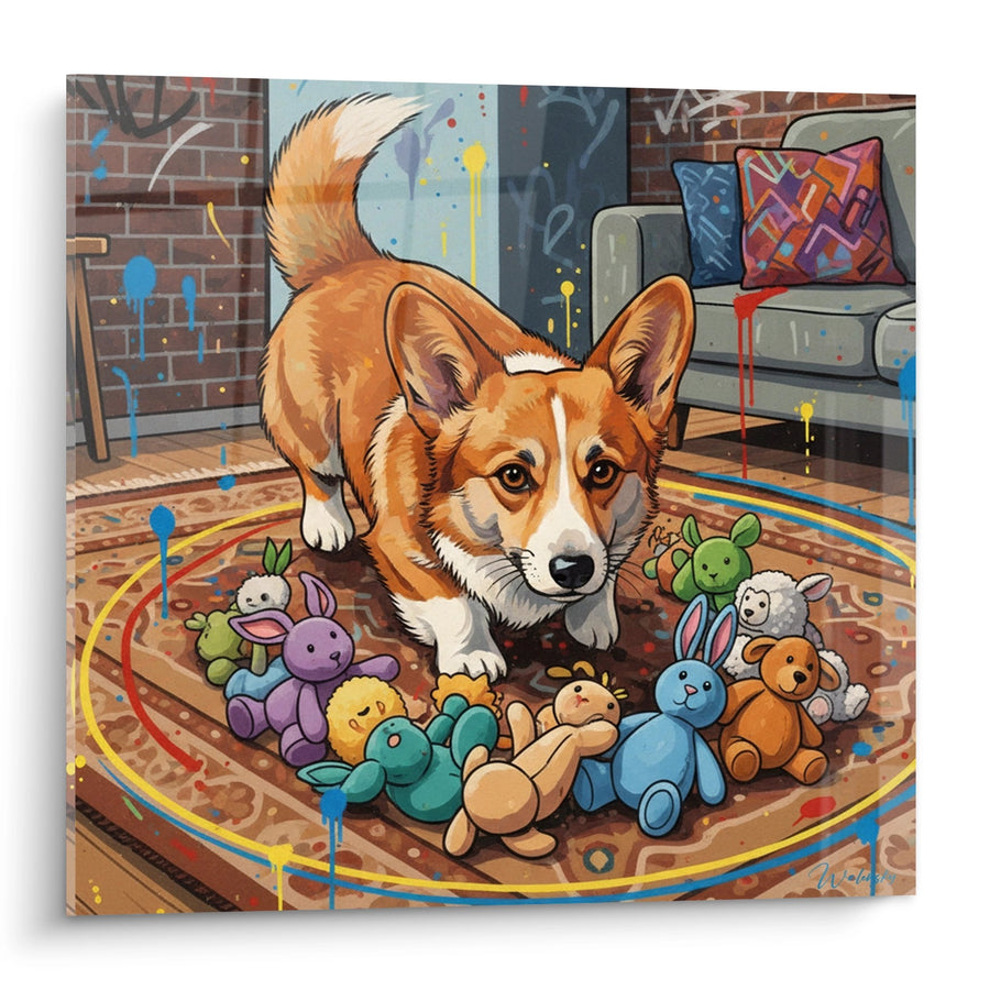 Tableau Corgi Roux Jouant avec Peluches Colorées - Tendresse Domestique - Edition Corgi Pembroke