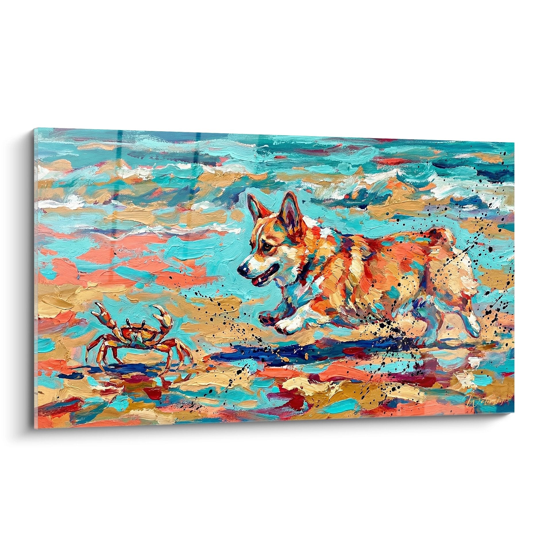 Buntes Gemälde mit rotem Corgi Pembroke an türkisblauem Strand mit roten Krebsen - Modernes Tierkunstwerk
