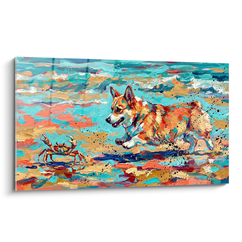 Rötlicher Corgi mit strahlenden Farben am Strand - Begegnung mit der Krabbe - Edition Corgi Pembroke