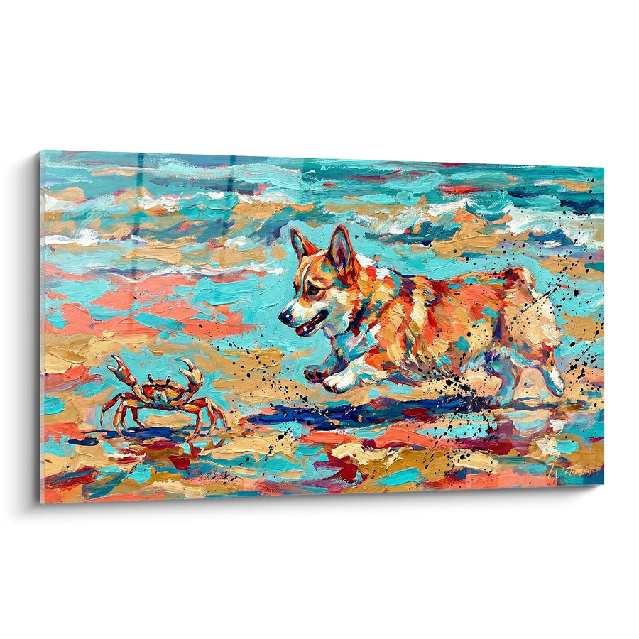 Tableau Corgi Roux aux Couleurs Éclatantes sur Plage - Rencontre avec le Crabe - Edition Corgi Pembroke