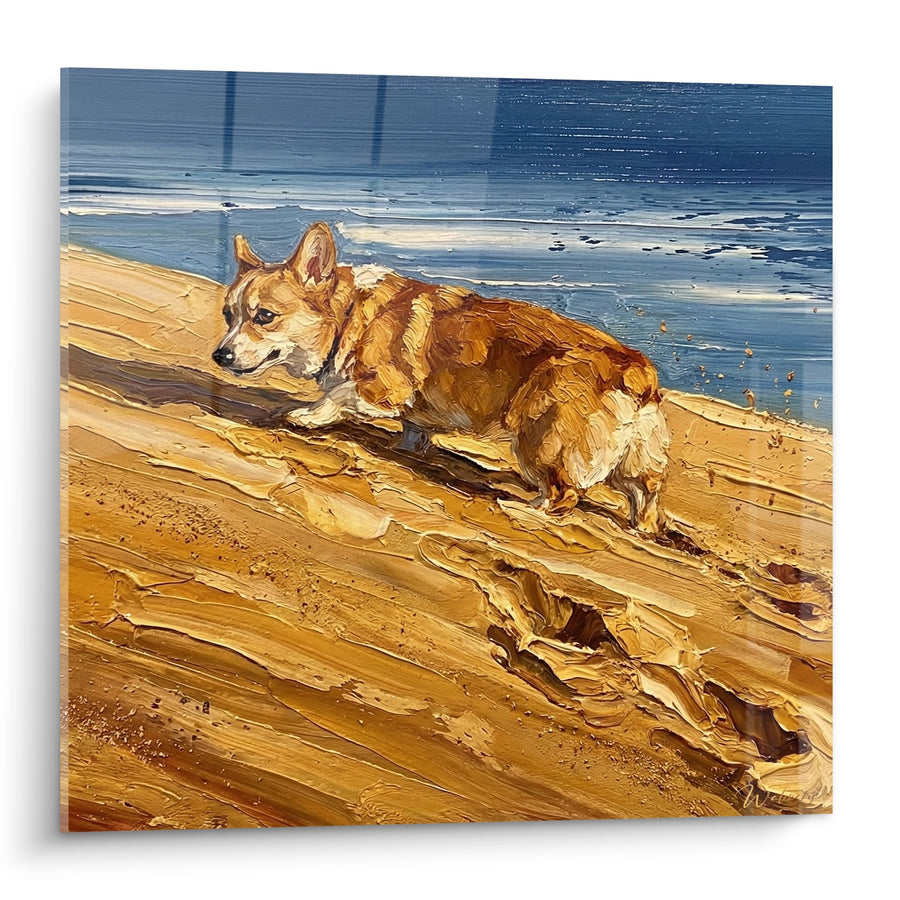 Tableau Corgi Roux sur Plage au Coucher de Soleil - Repos au Bord de l'Océan - Edition Corgi Pembroke