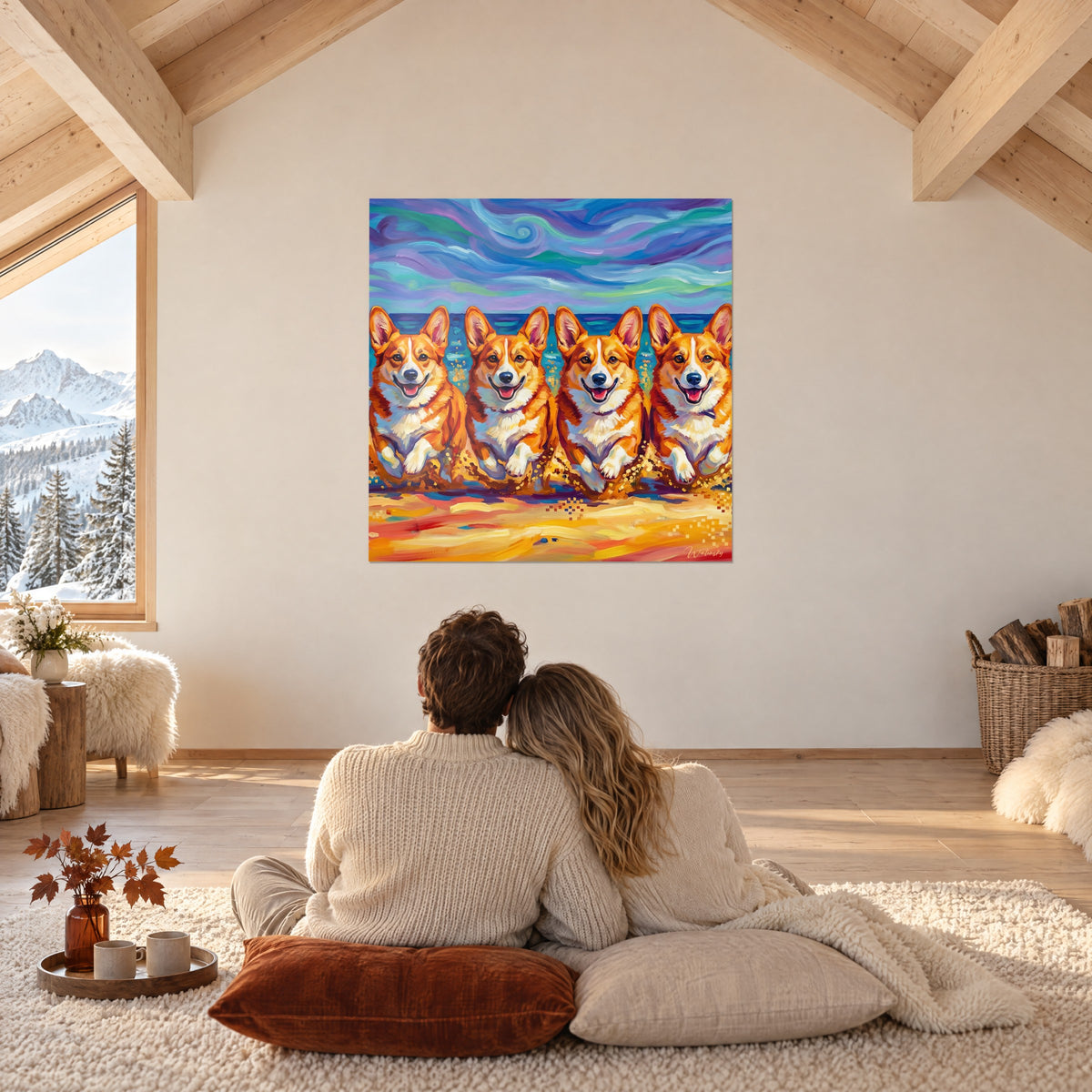 Quadro corgi allegri dalle grandi orecchie, manto arancio e bianco, mare turchese, sotto le travi di uno chalet innevato