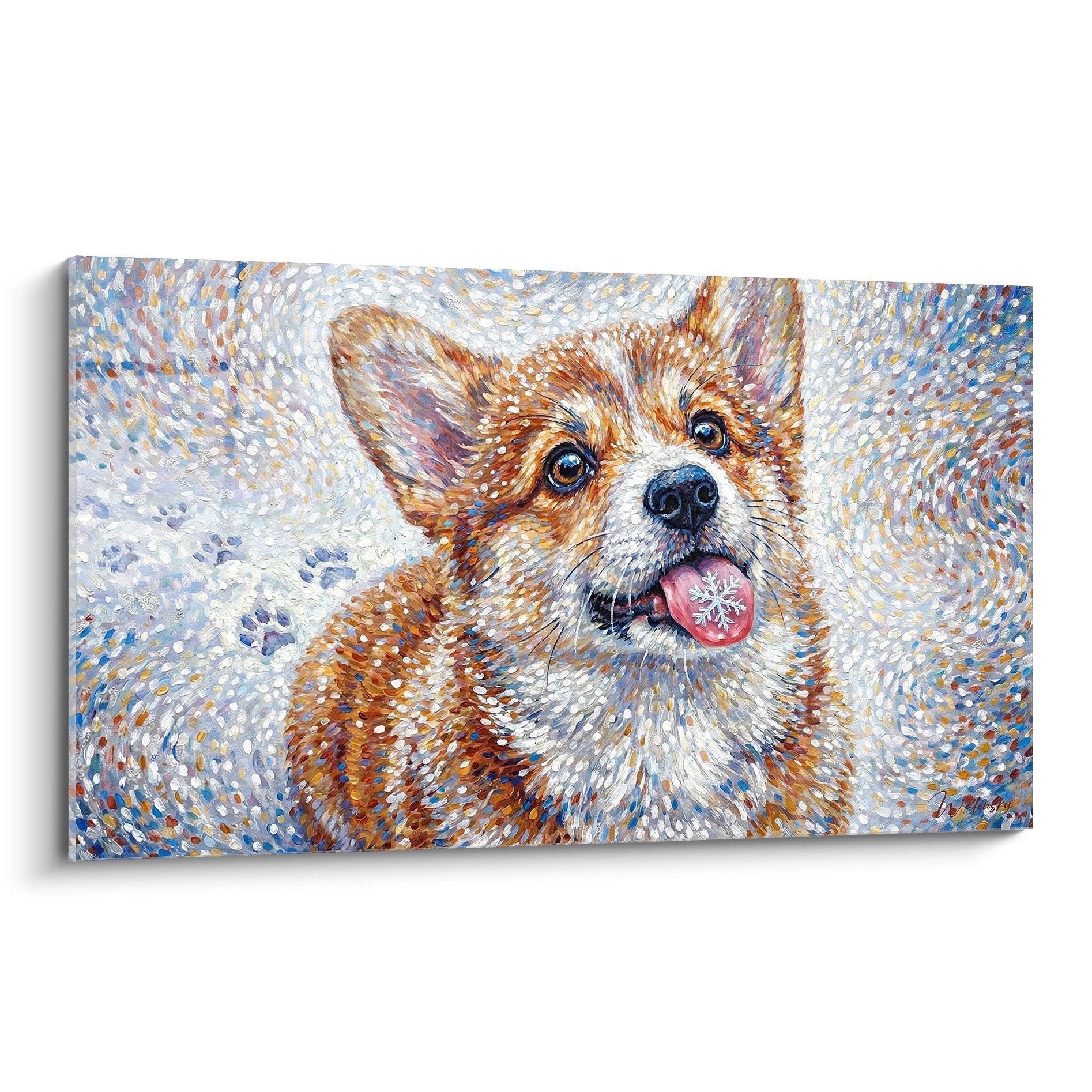 Tableau corgi pembroke roux joyeux langue rose tourbillon neige pointilliste orange blanc bleu