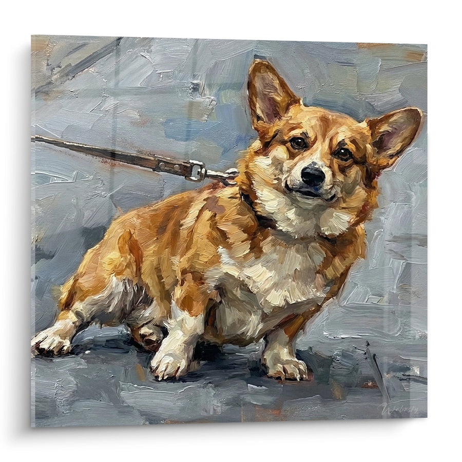 Tableau Corgi Roux en Laisse Peinture à l'Huile - Portrait Canin Expressif - Edition Corgi Pembroke