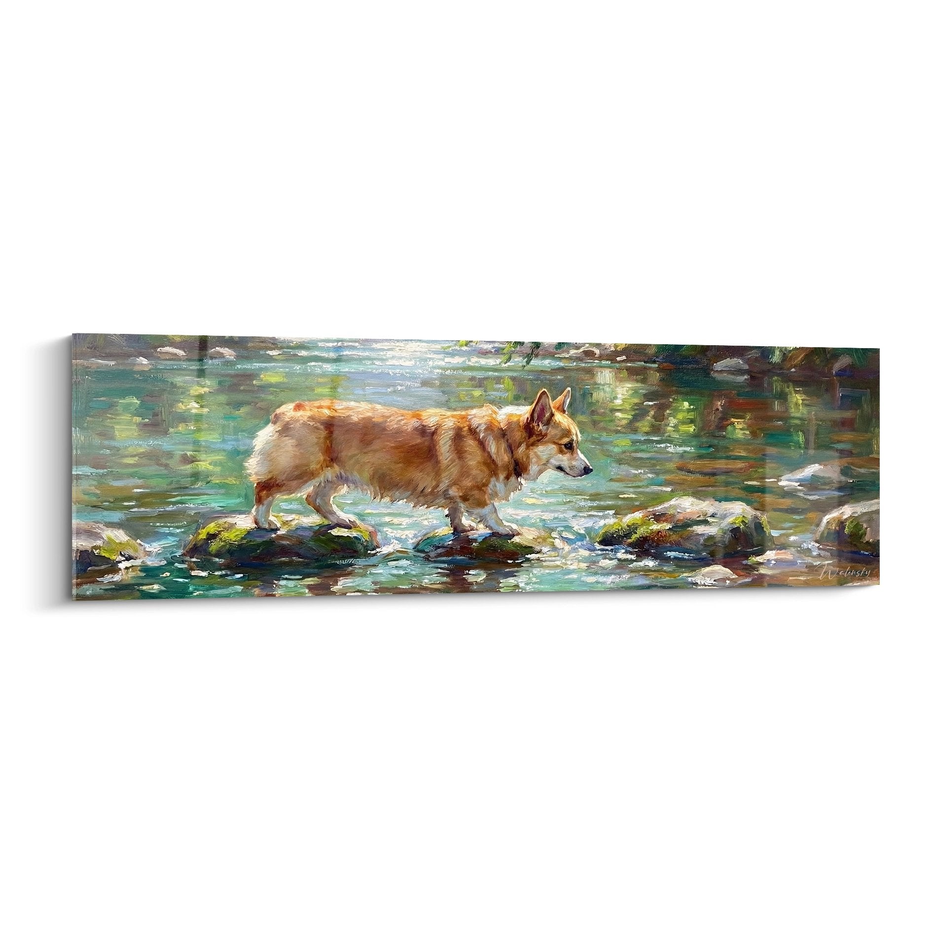 Tableau Corgi Pembroke roux traversant ruisseau aux reflets dores, peinture naturaliste tons chauds