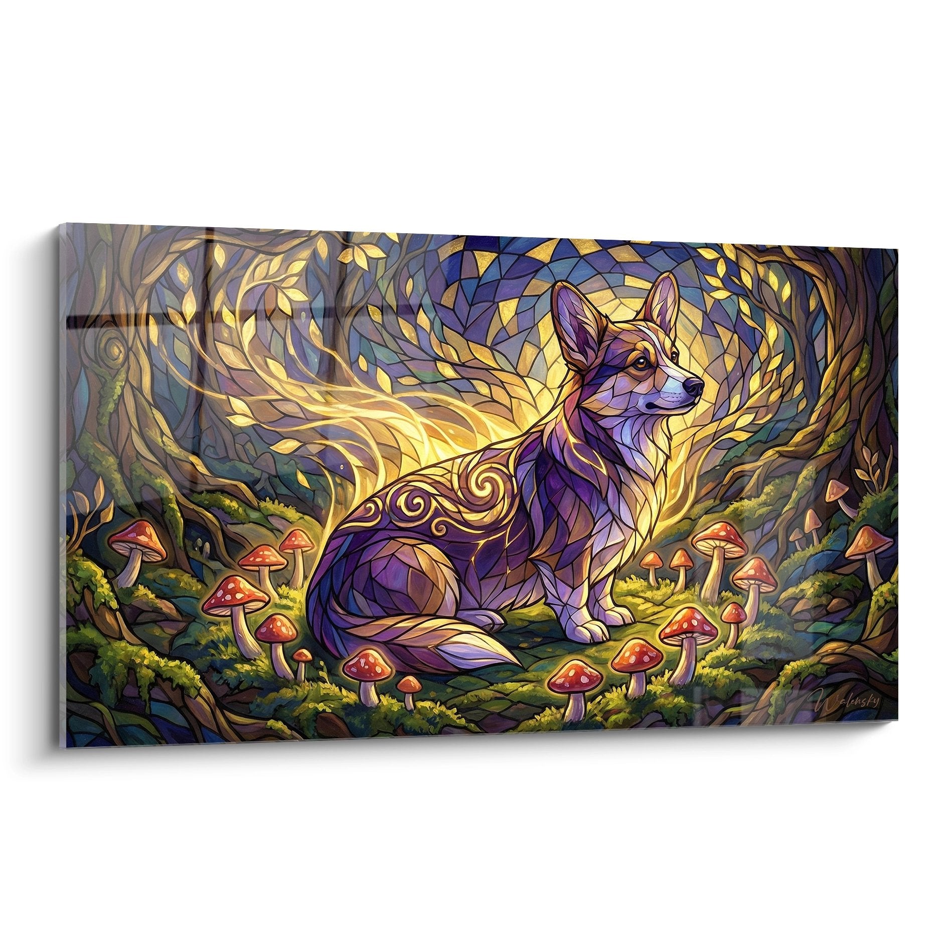 Tableau art nouveau corgi pembroke violet dans foret enchantee avec spirales dorees et champignons rouges